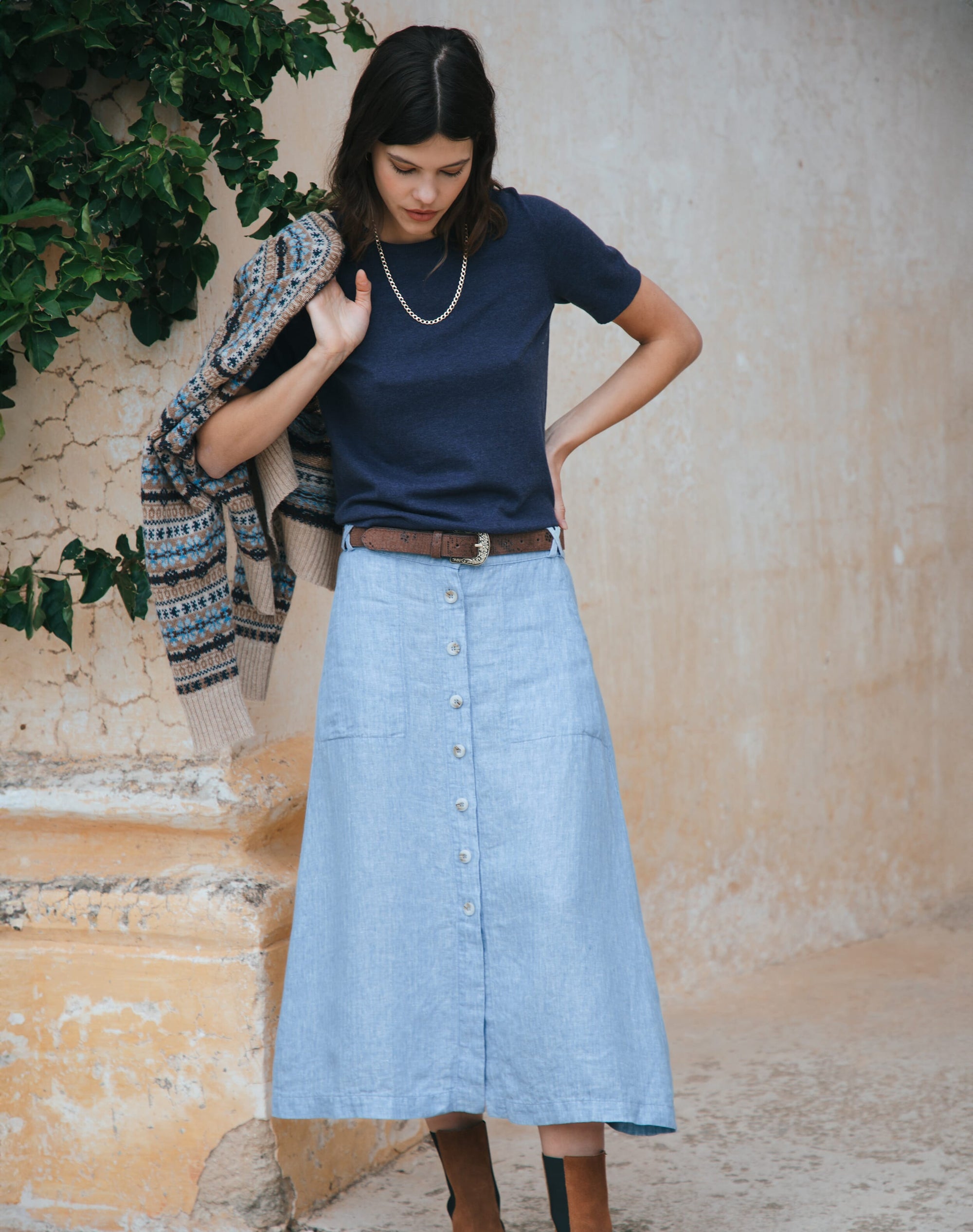 Herringbone Linen Button Through Skirt