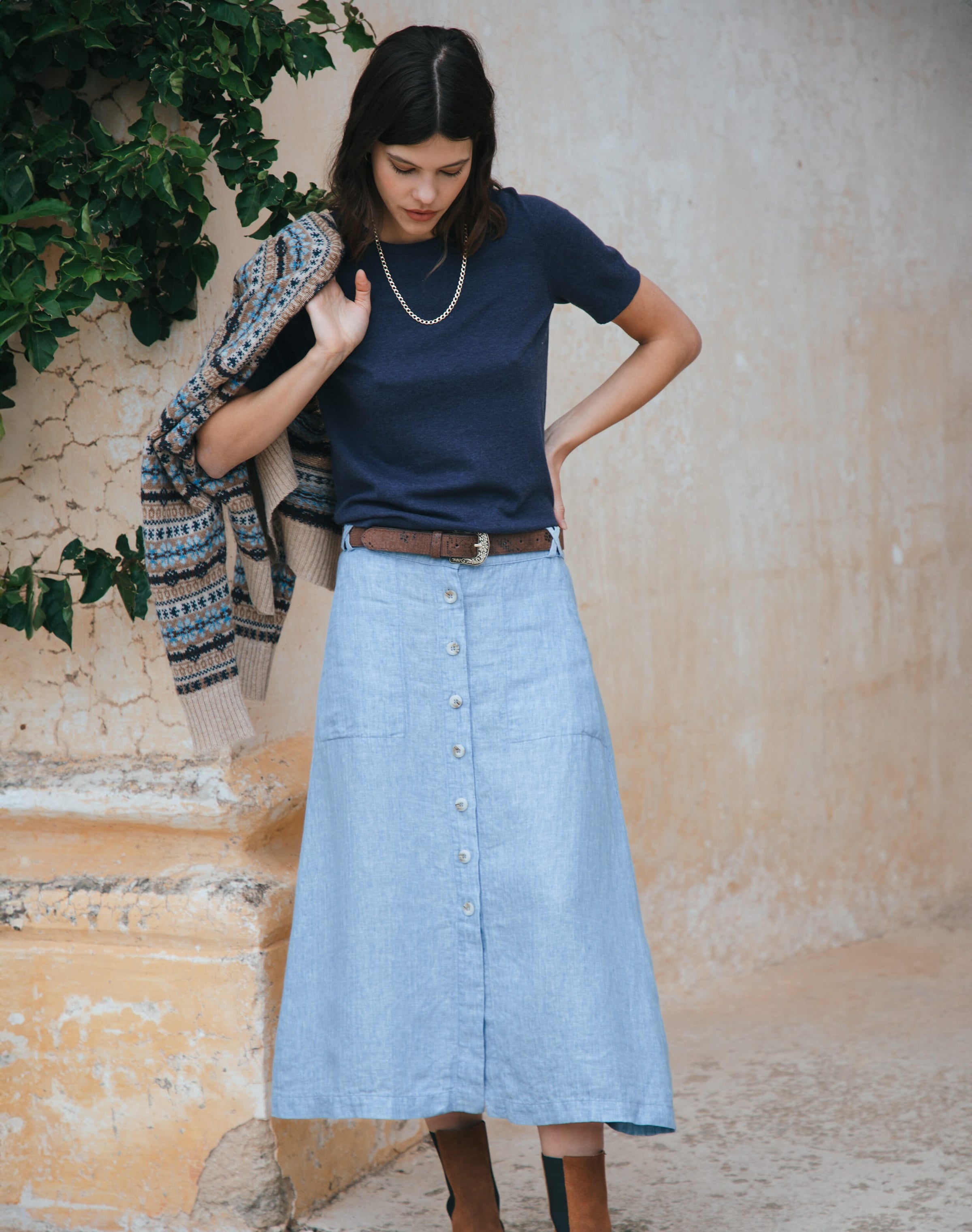 Herringbone Linen Button Through Skirt