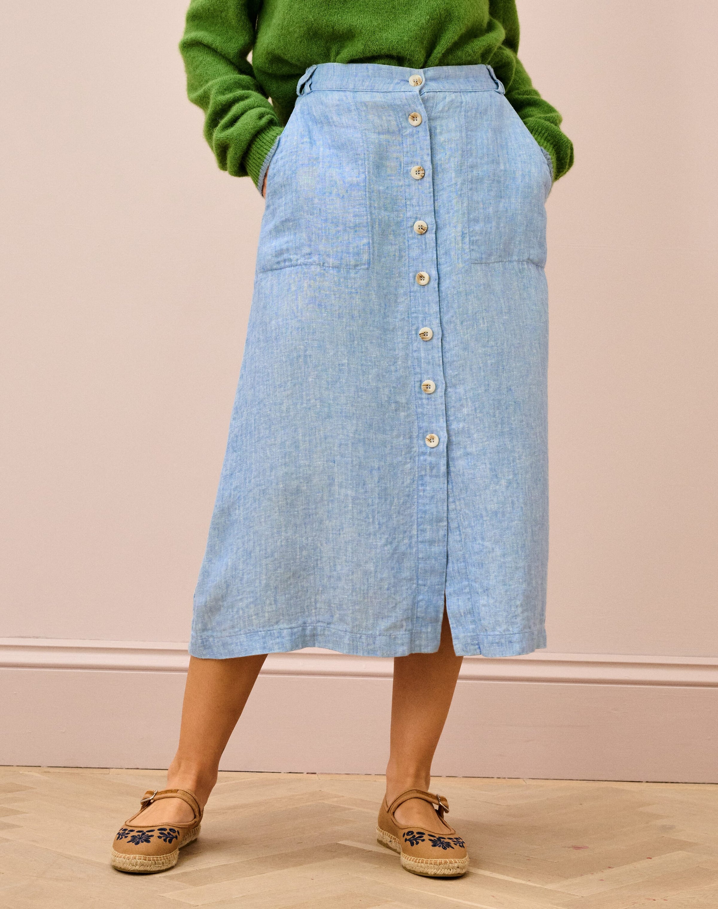 Herringbone Linen Button Through Skirt