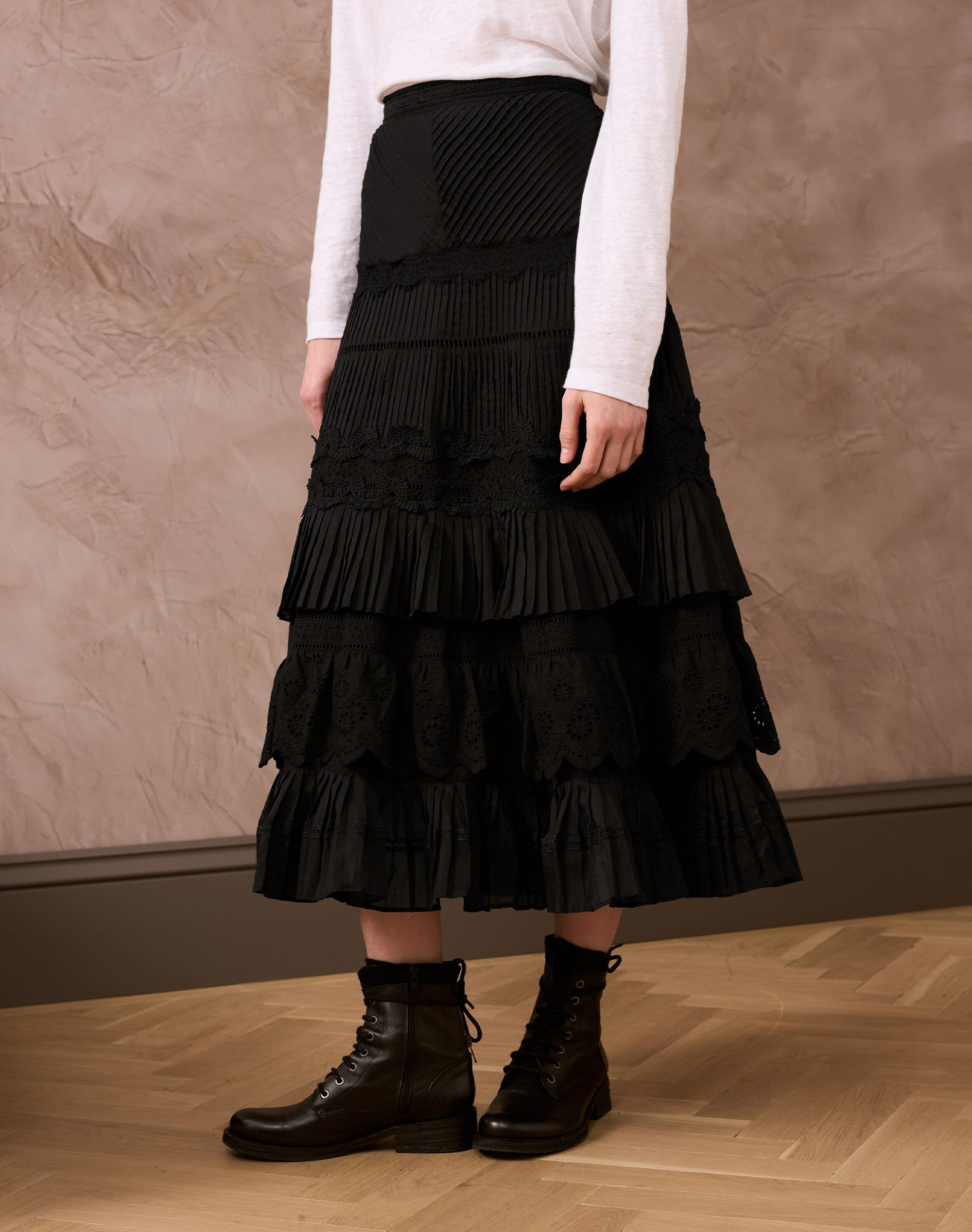 Pintuck & Lace Tiered Skirt