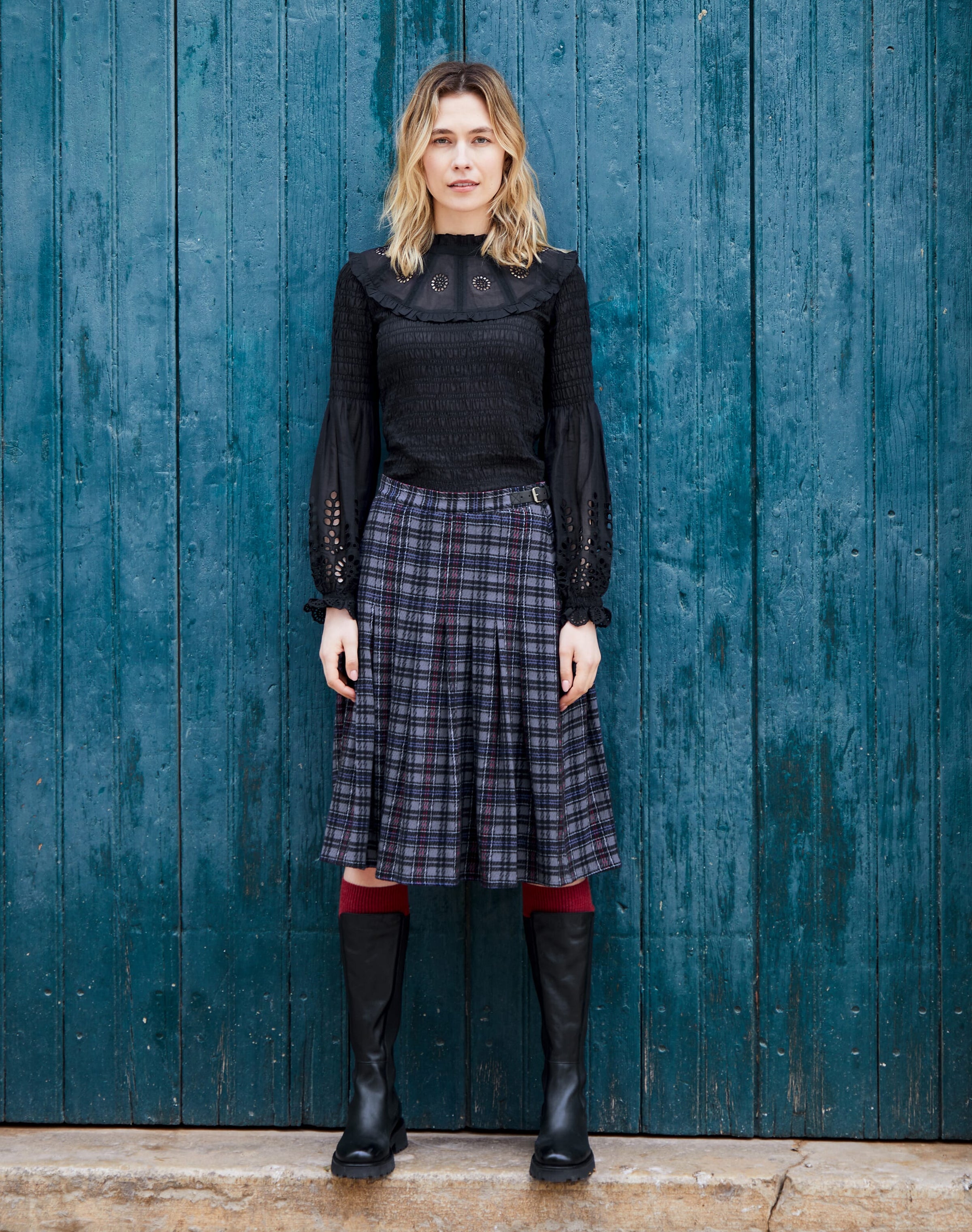 Textured Plaid Pleated Skirt