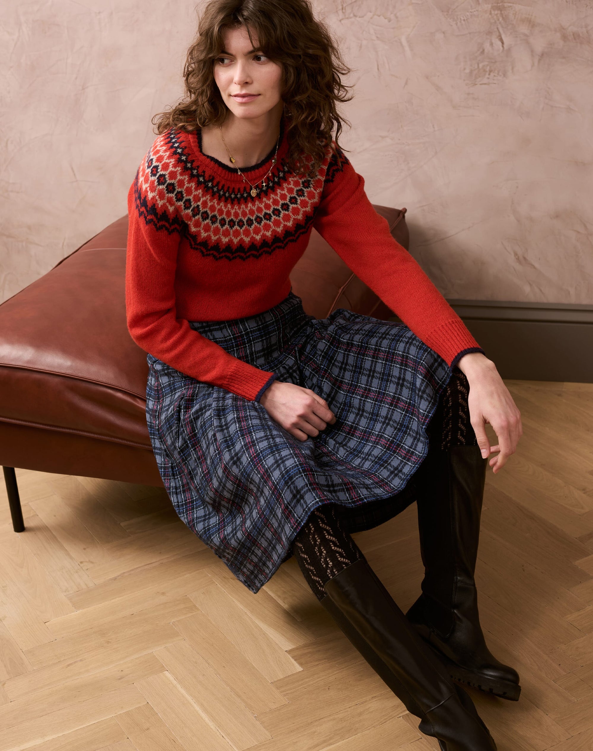 Textured Plaid Pleated Skirt
