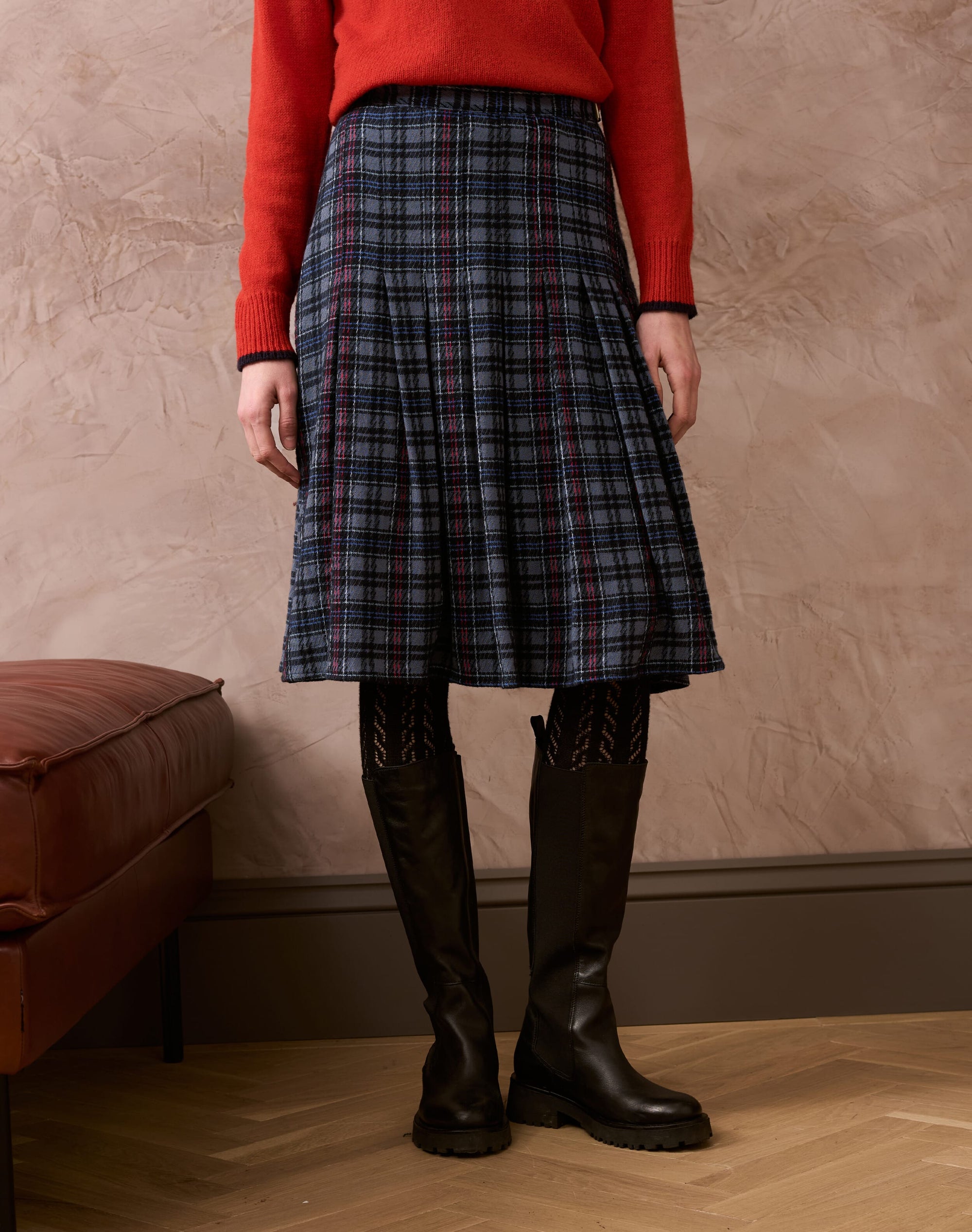 Textured Plaid Pleated Skirt