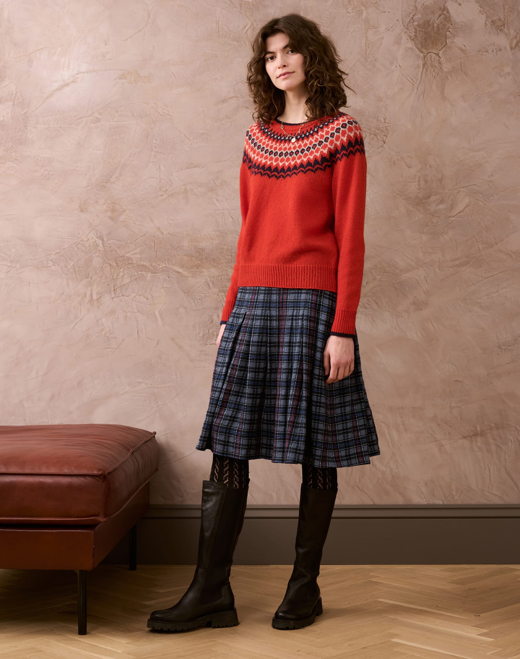 Textured Plaid Pleated Skirt