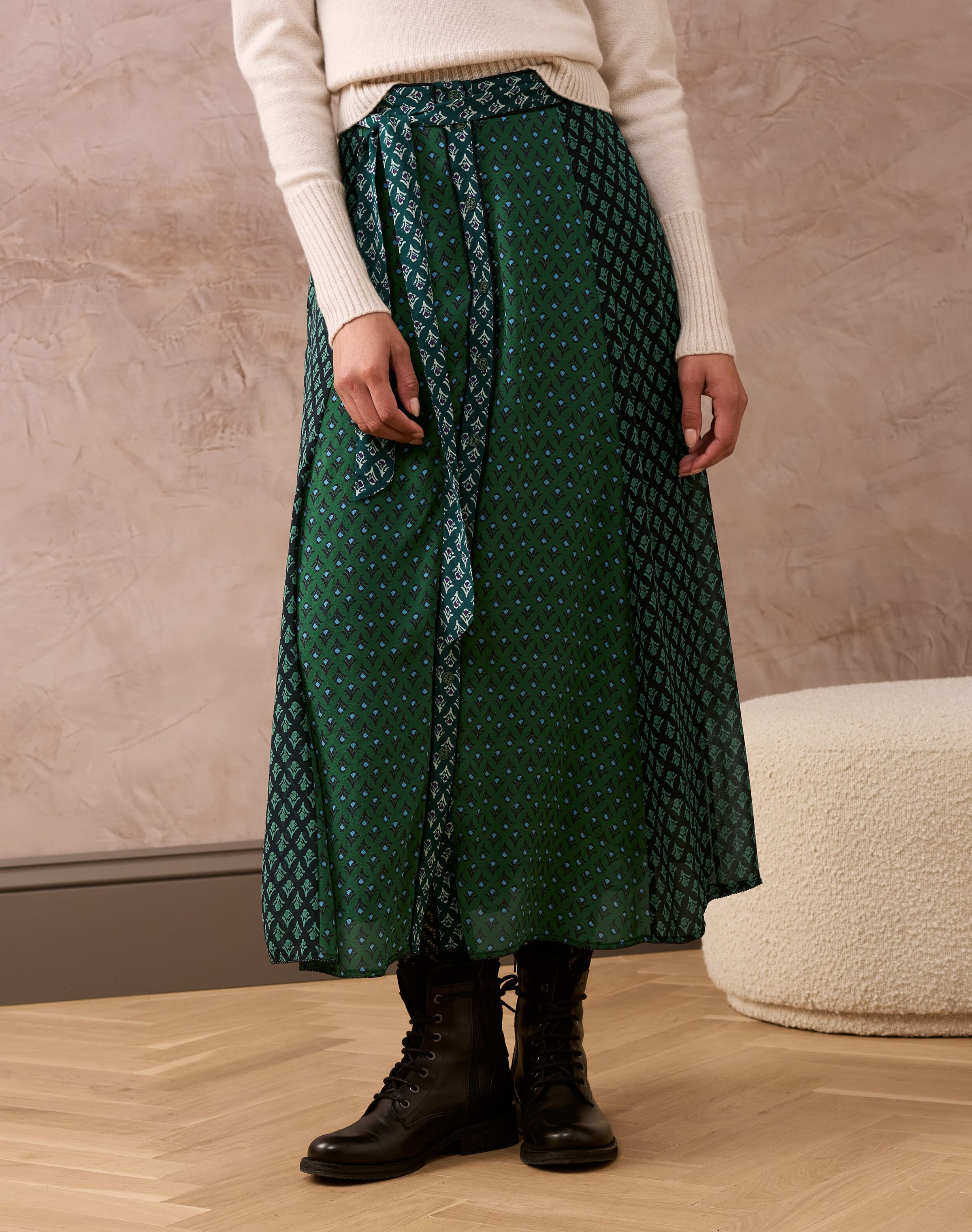 Silk Block Print Patchwork Skirt
