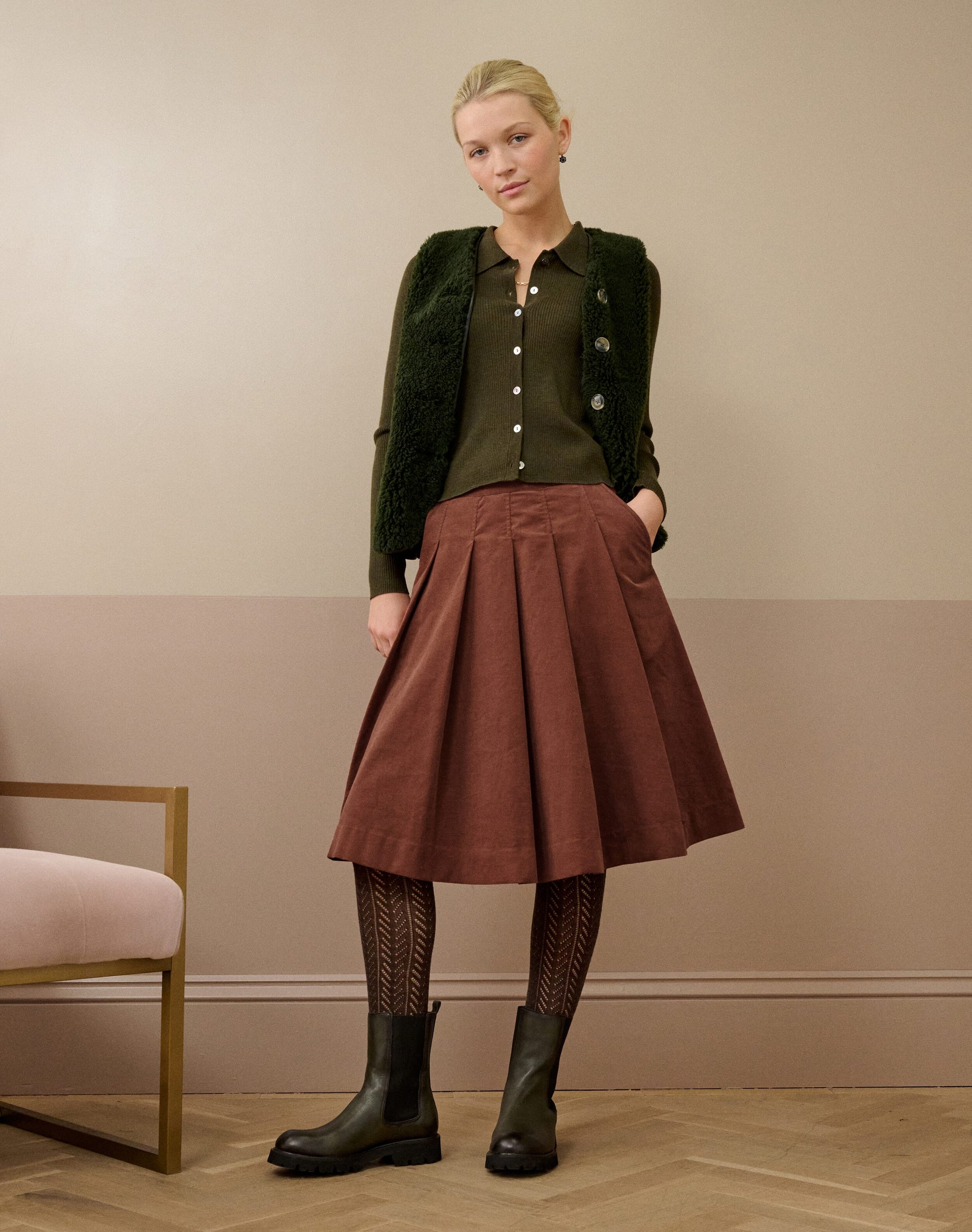 Needlecord Pleated Skirt