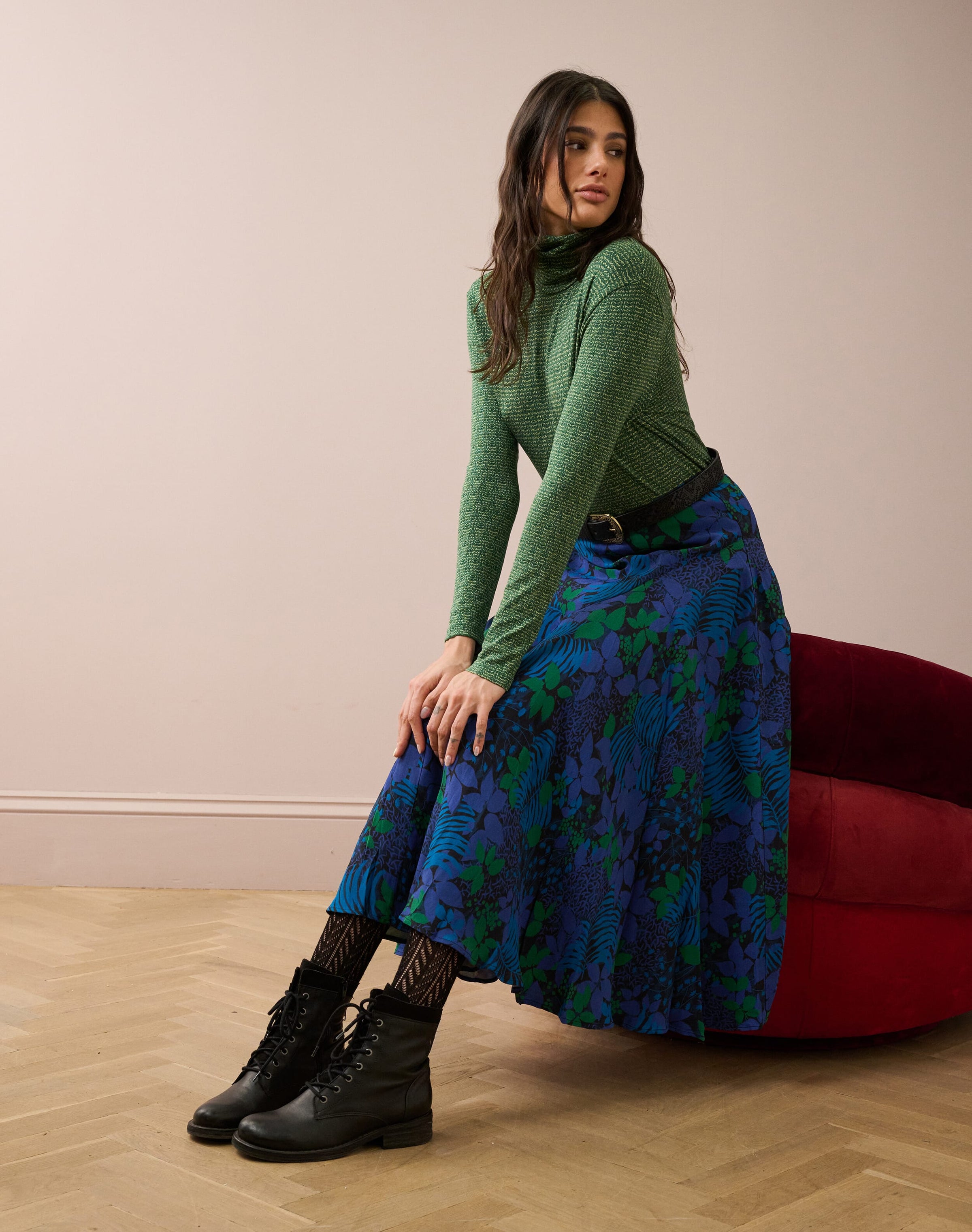 Satin Backed Crepe Leaf Print Skirt