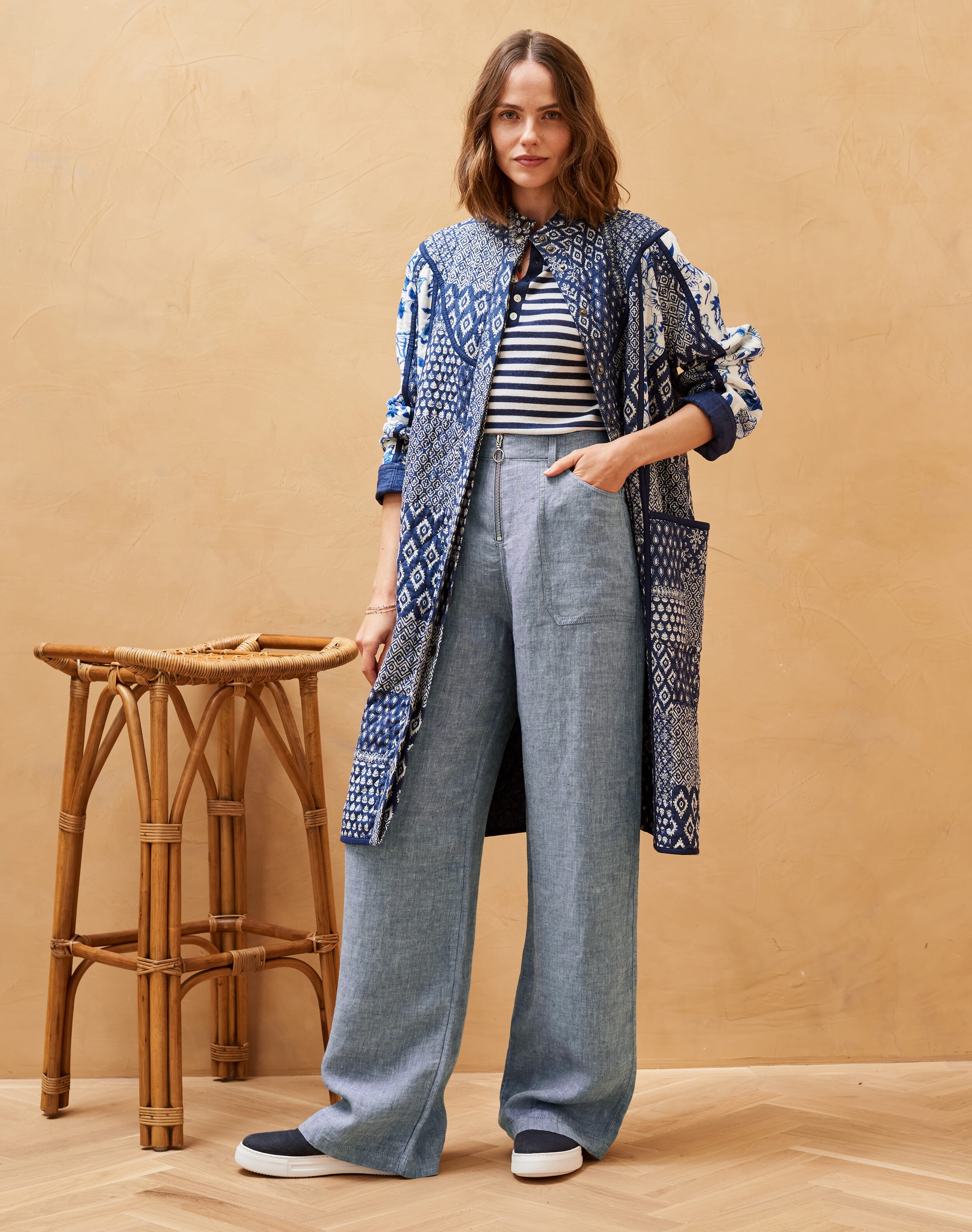 Herringbone Linen Wide Leg Trousers