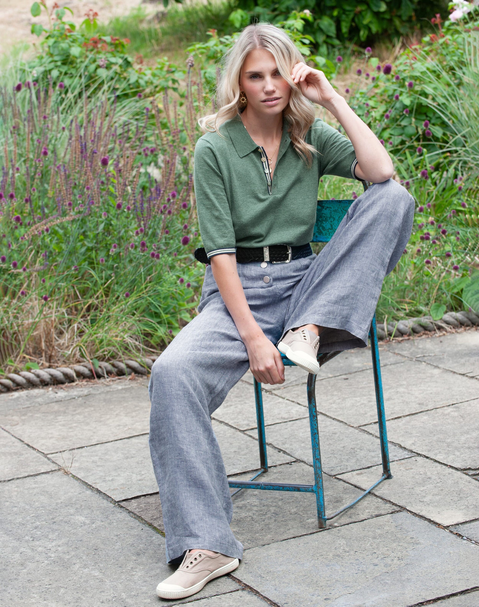 Herringbone Linen Wide Leg Trousers