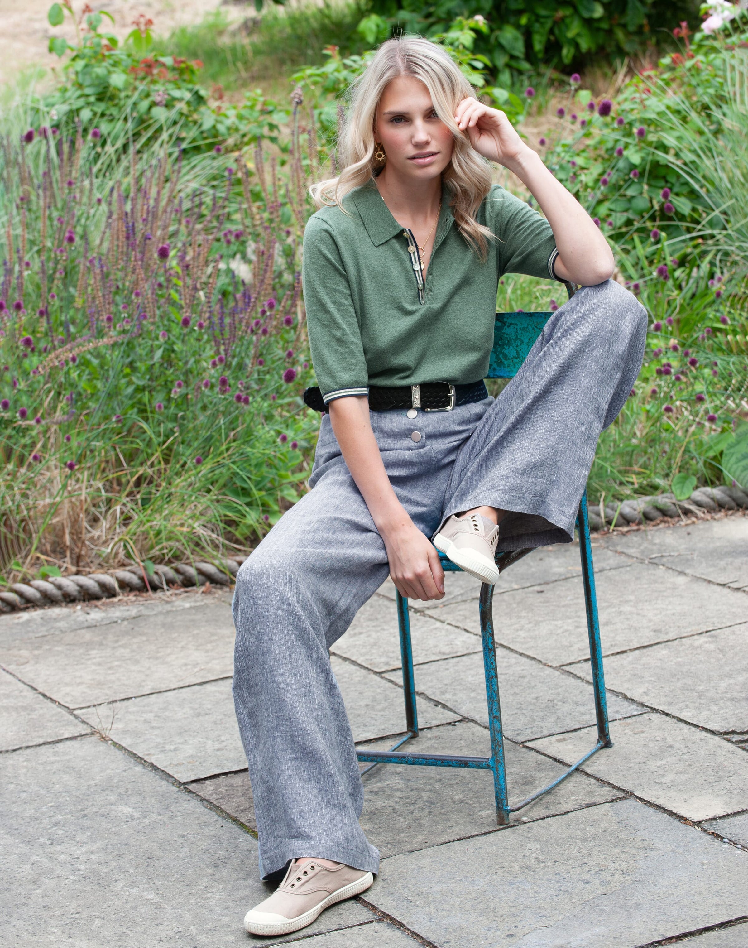 Herringbone Linen Wide Leg Trousers