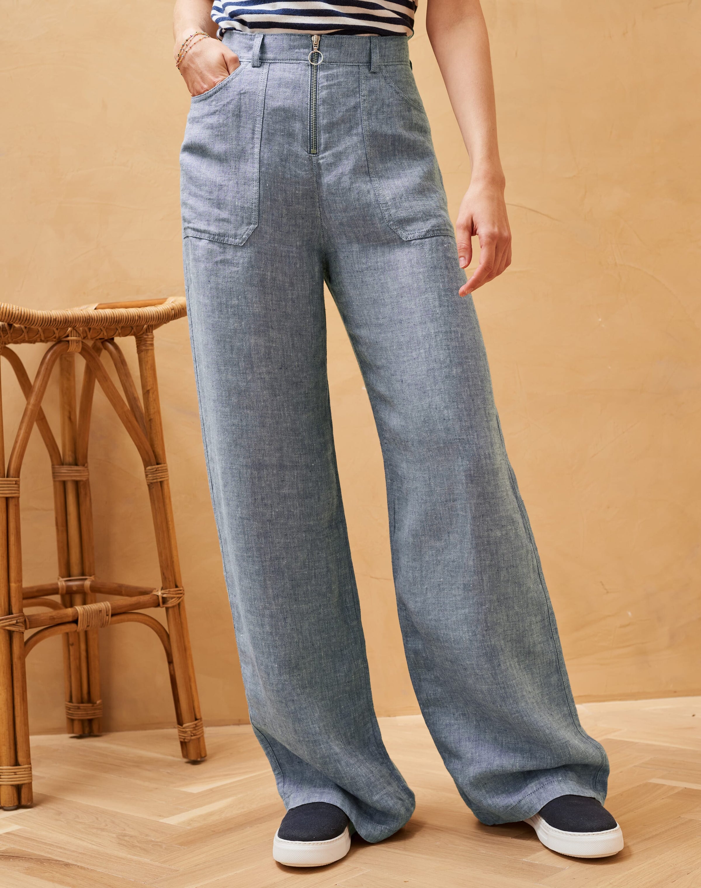 Herringbone Linen Wide Leg Trousers
