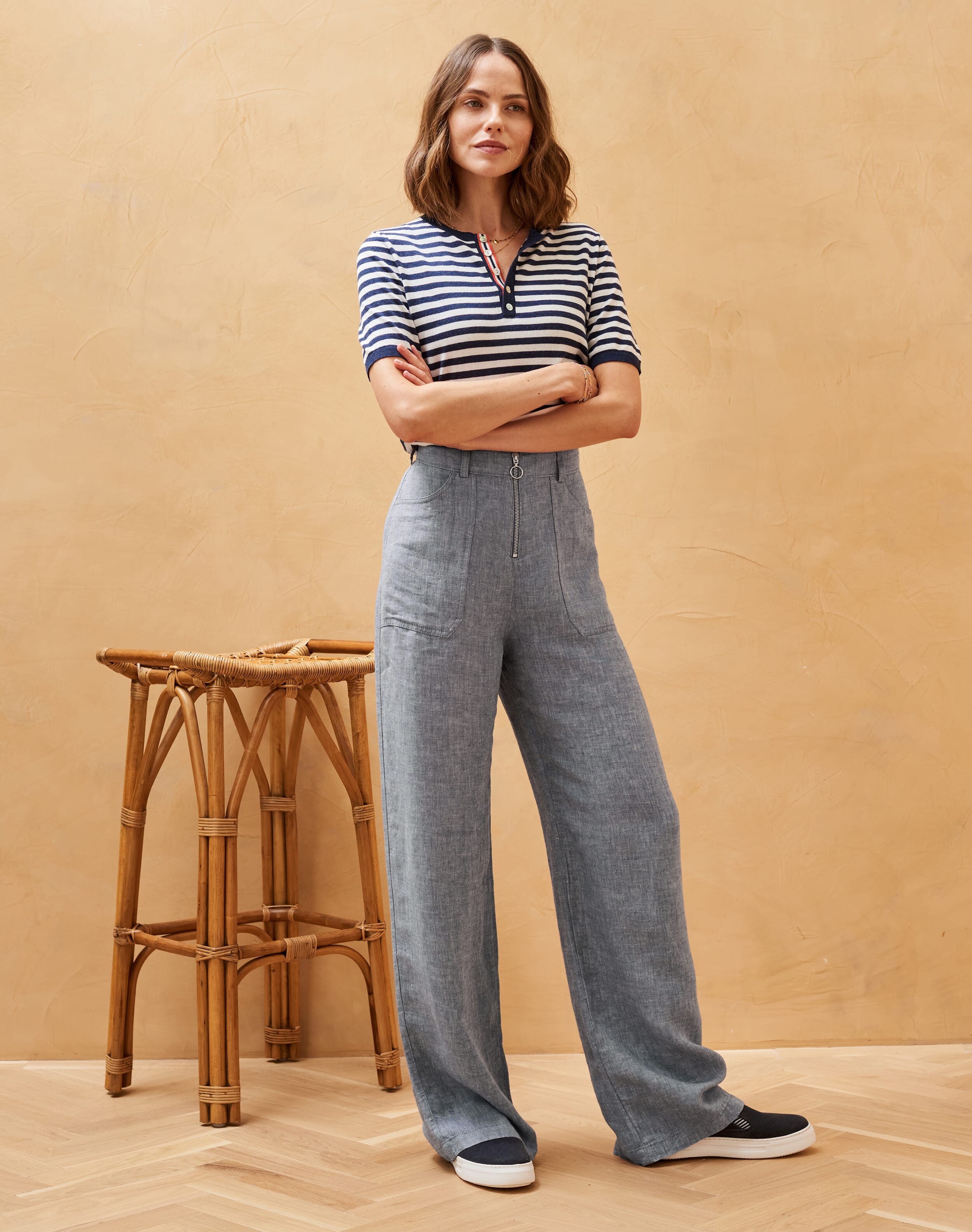 Herringbone Linen Wide Leg Trousers