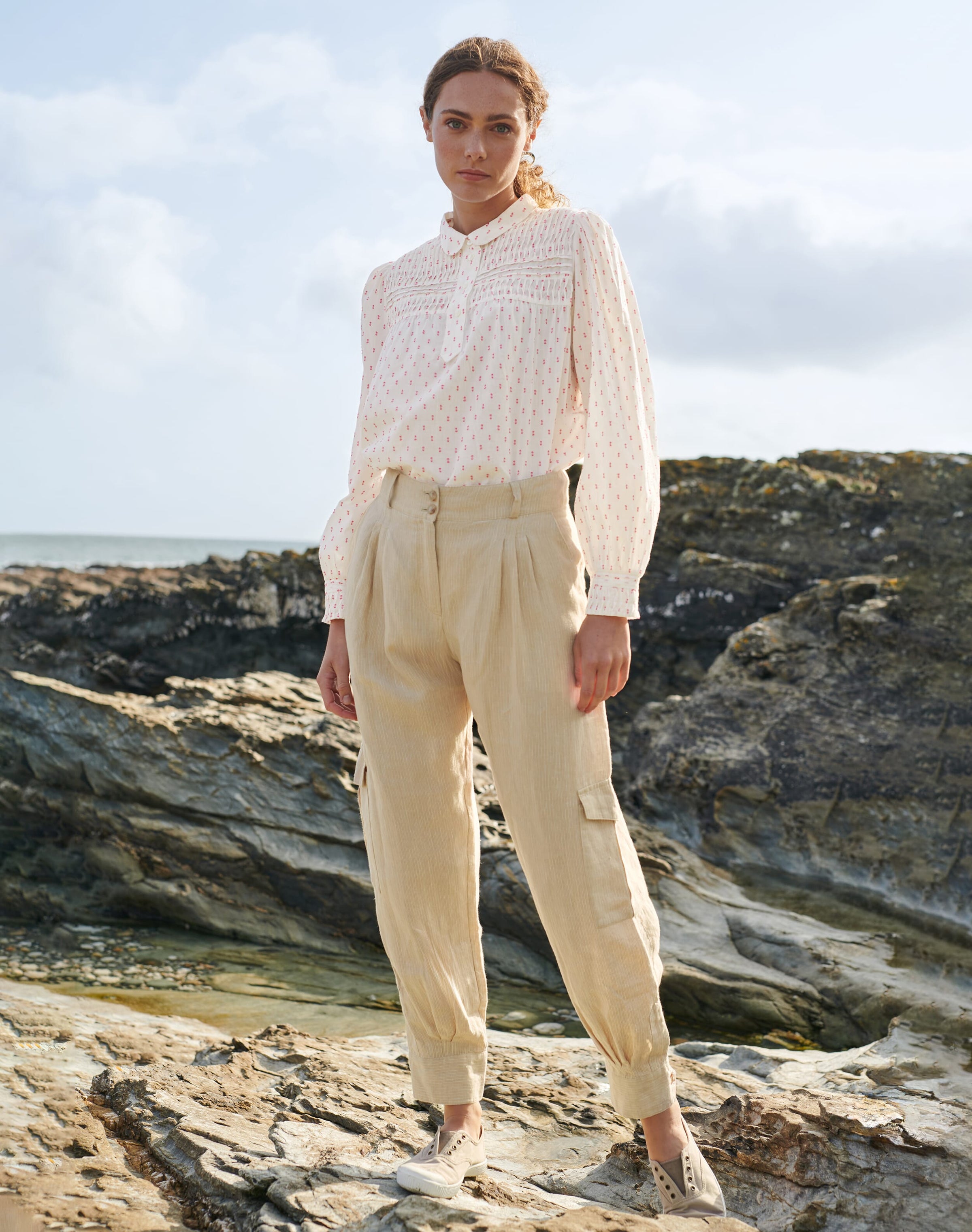 Textured Stripe Linen Cargo Trousers