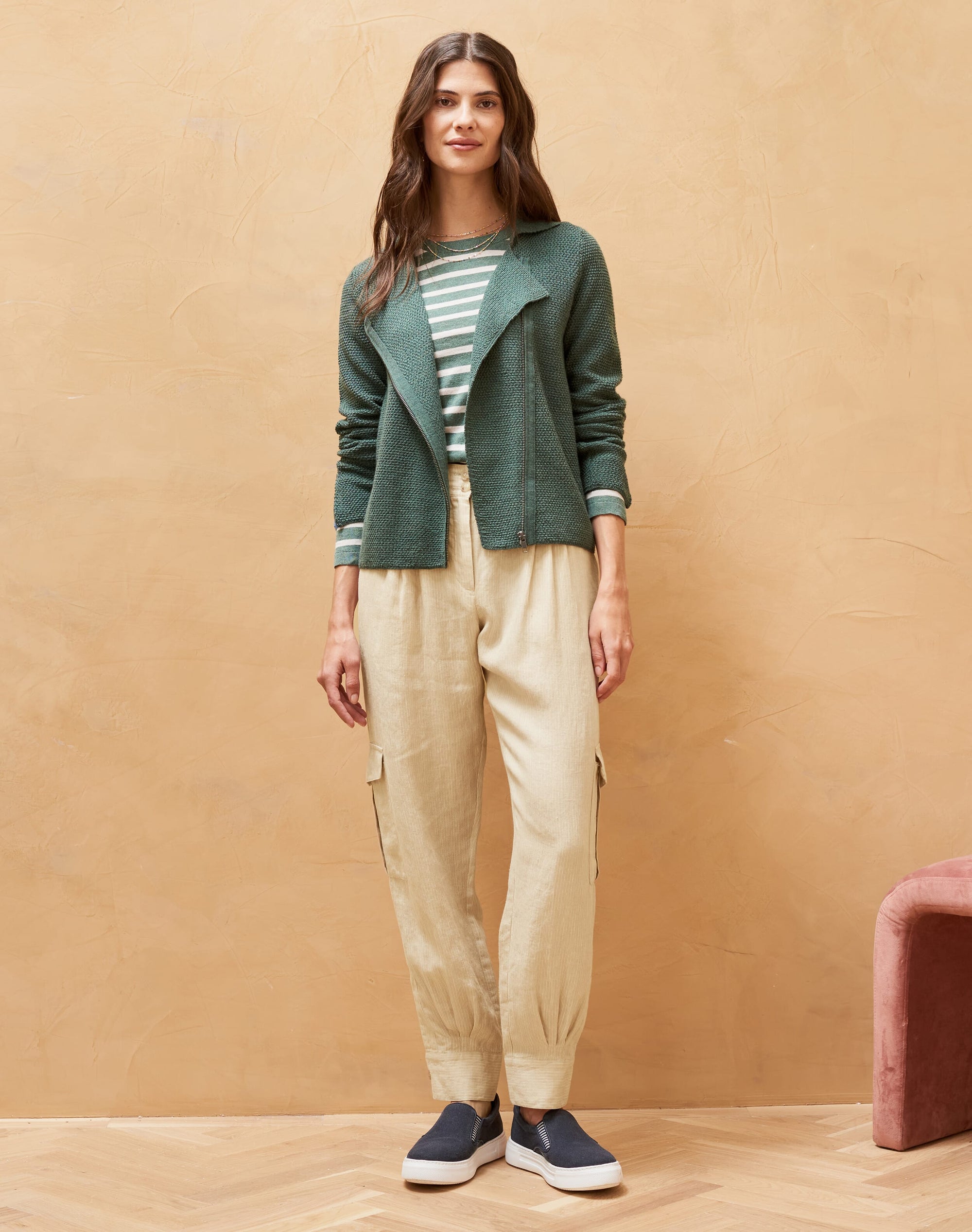 Textured Stripe Linen Cargo Trousers