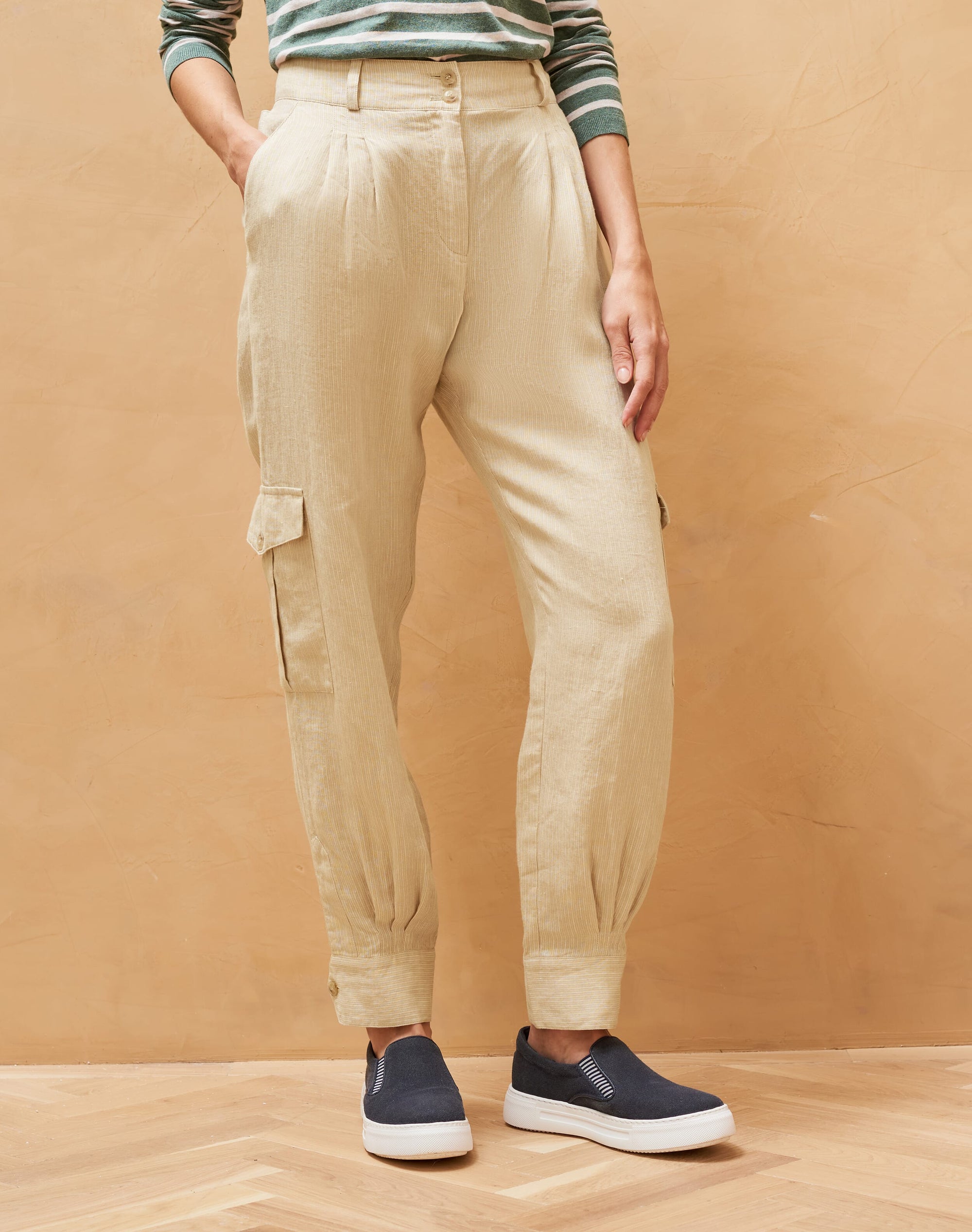 Textured Stripe Linen Cargo Trousers