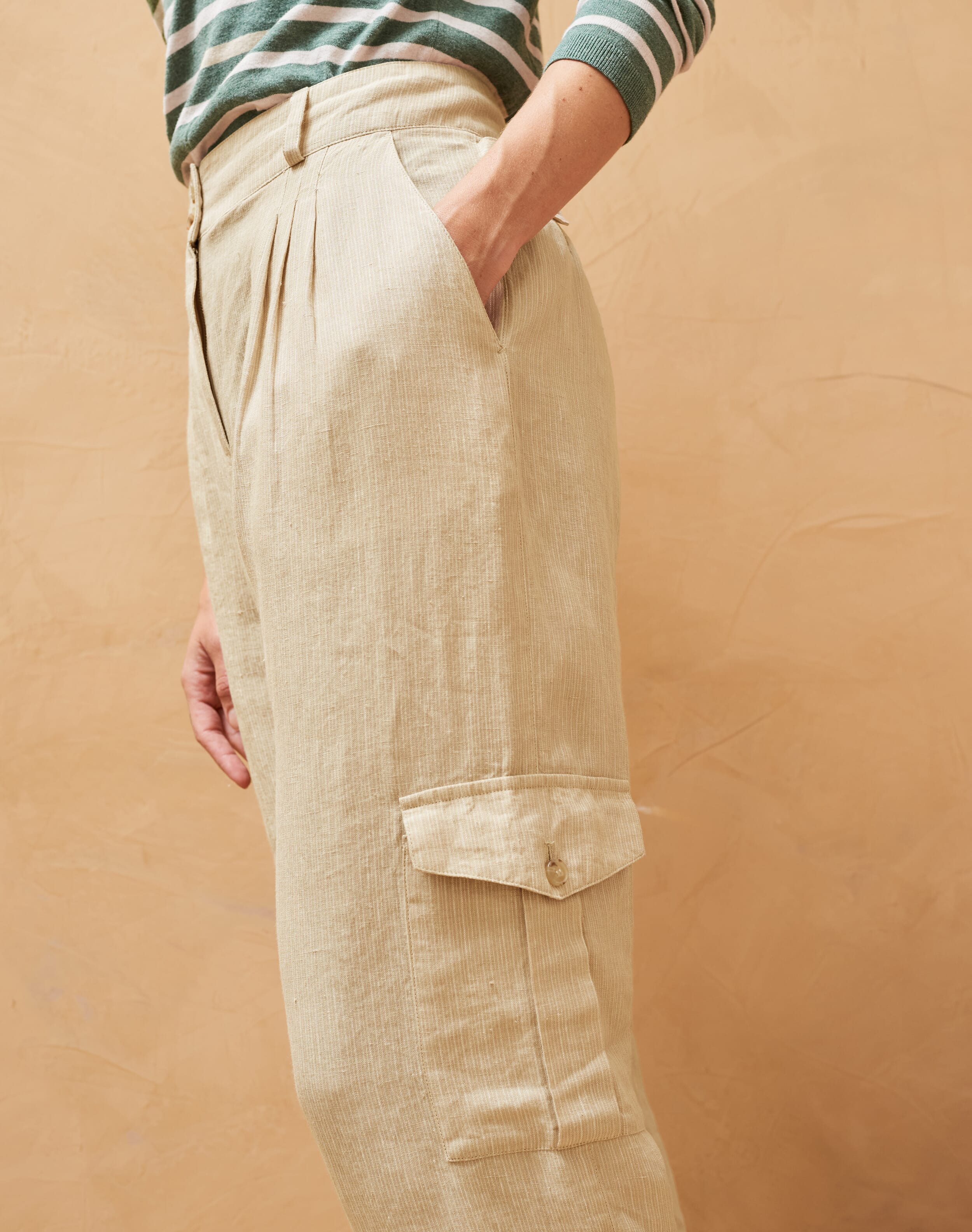 Textured Stripe Linen Cargo Trousers