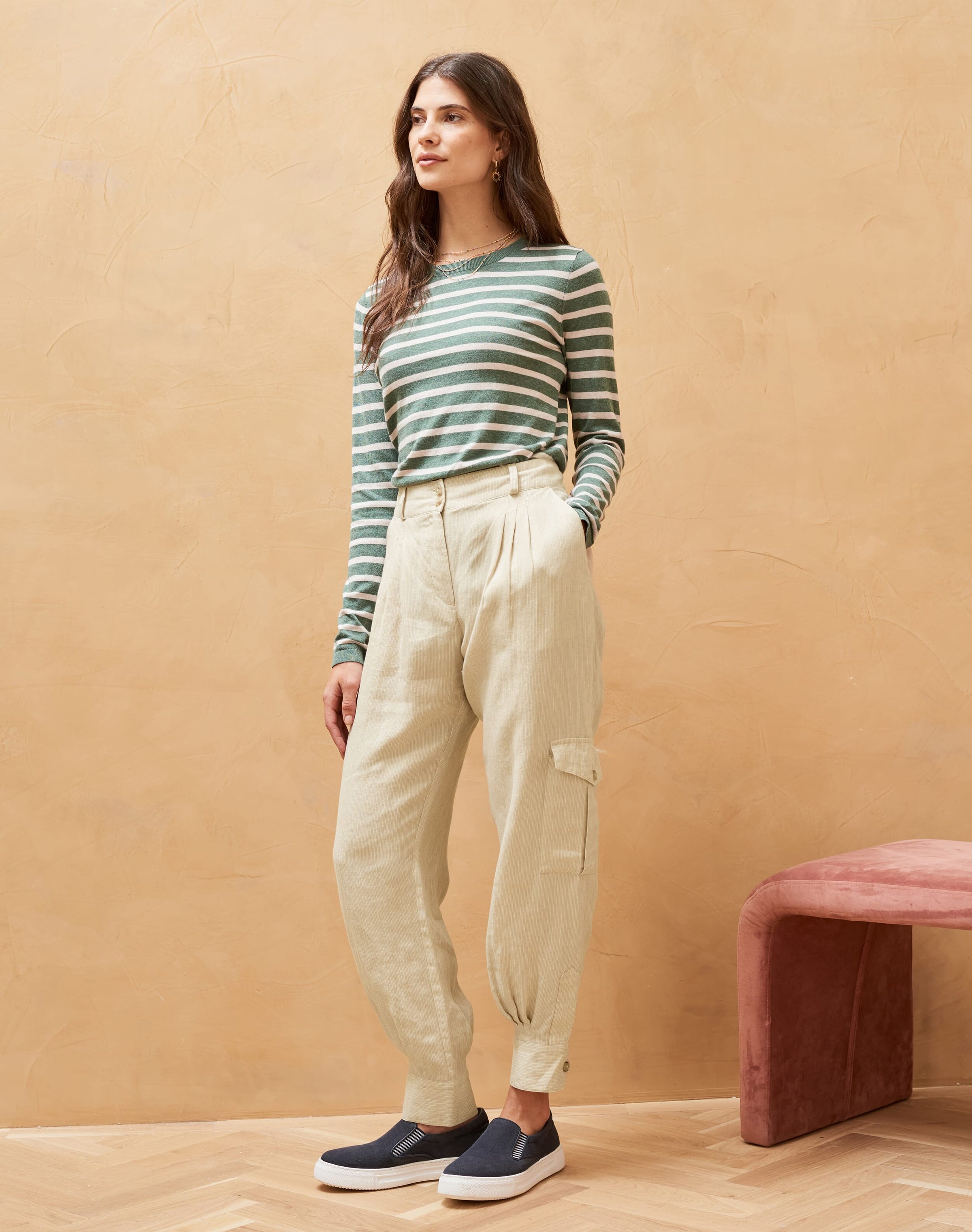 Textured Stripe Linen Cargo Trousers