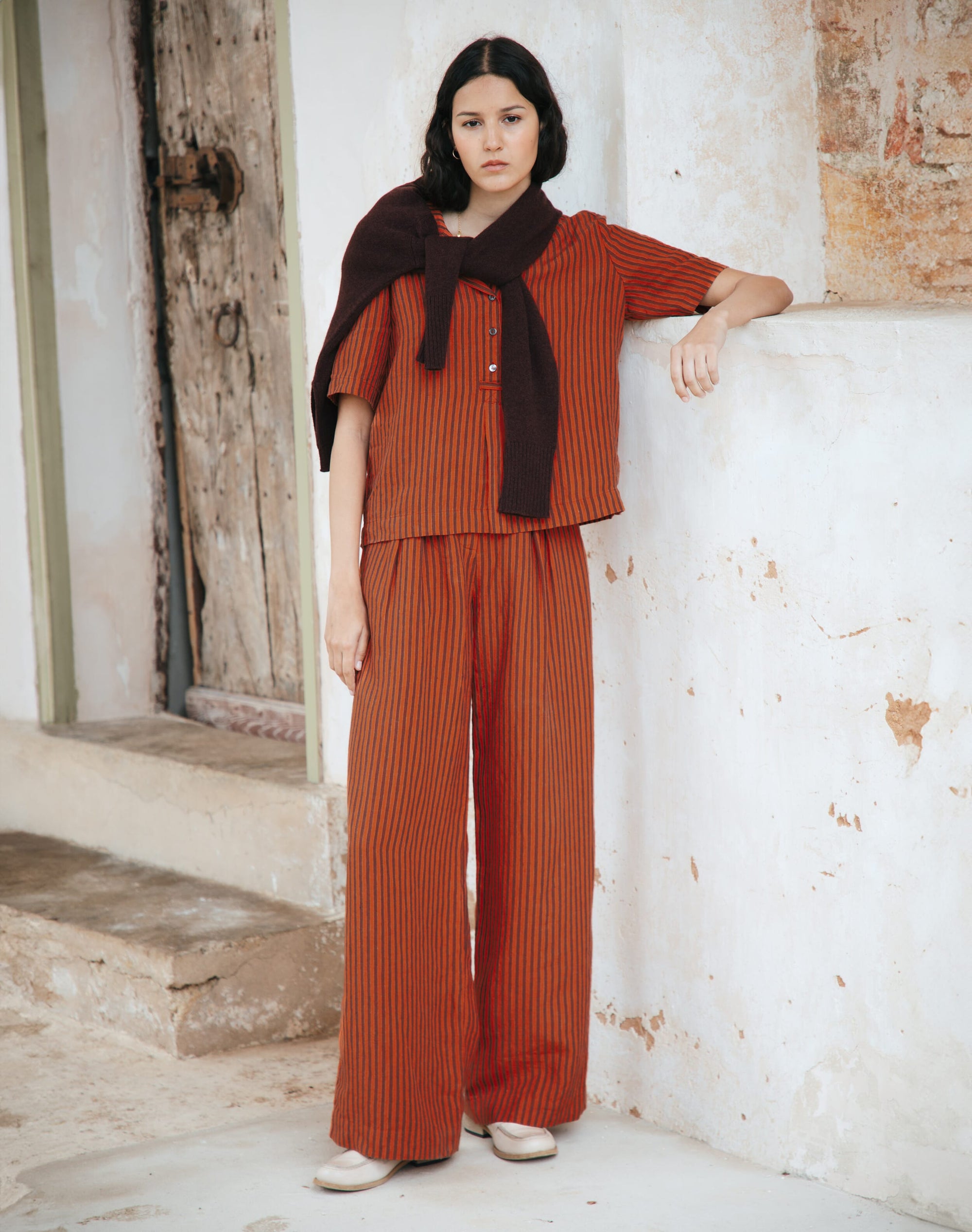 Stripe Linen Wide Leg Trousers