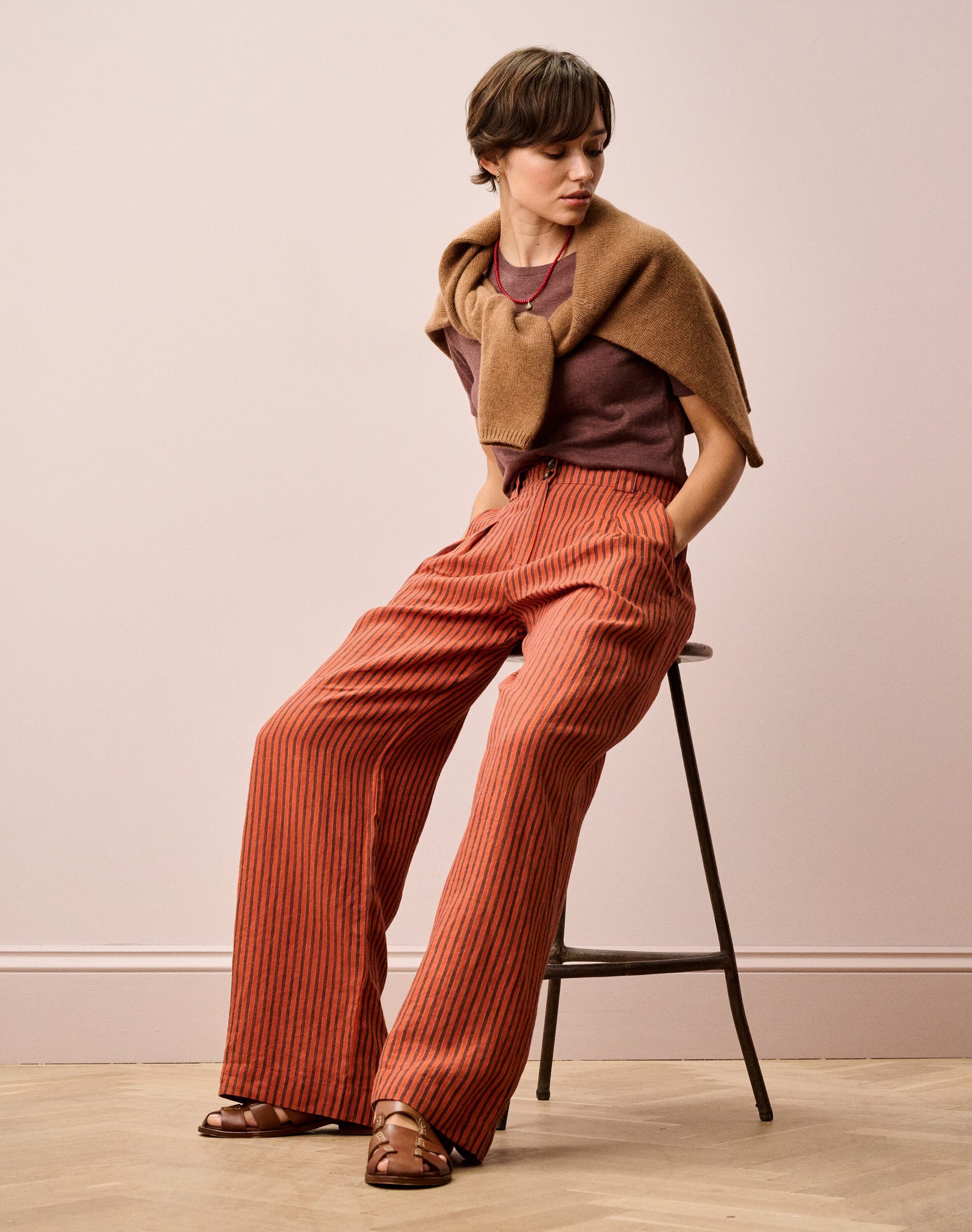 Stripe Linen Wide Leg Trousers