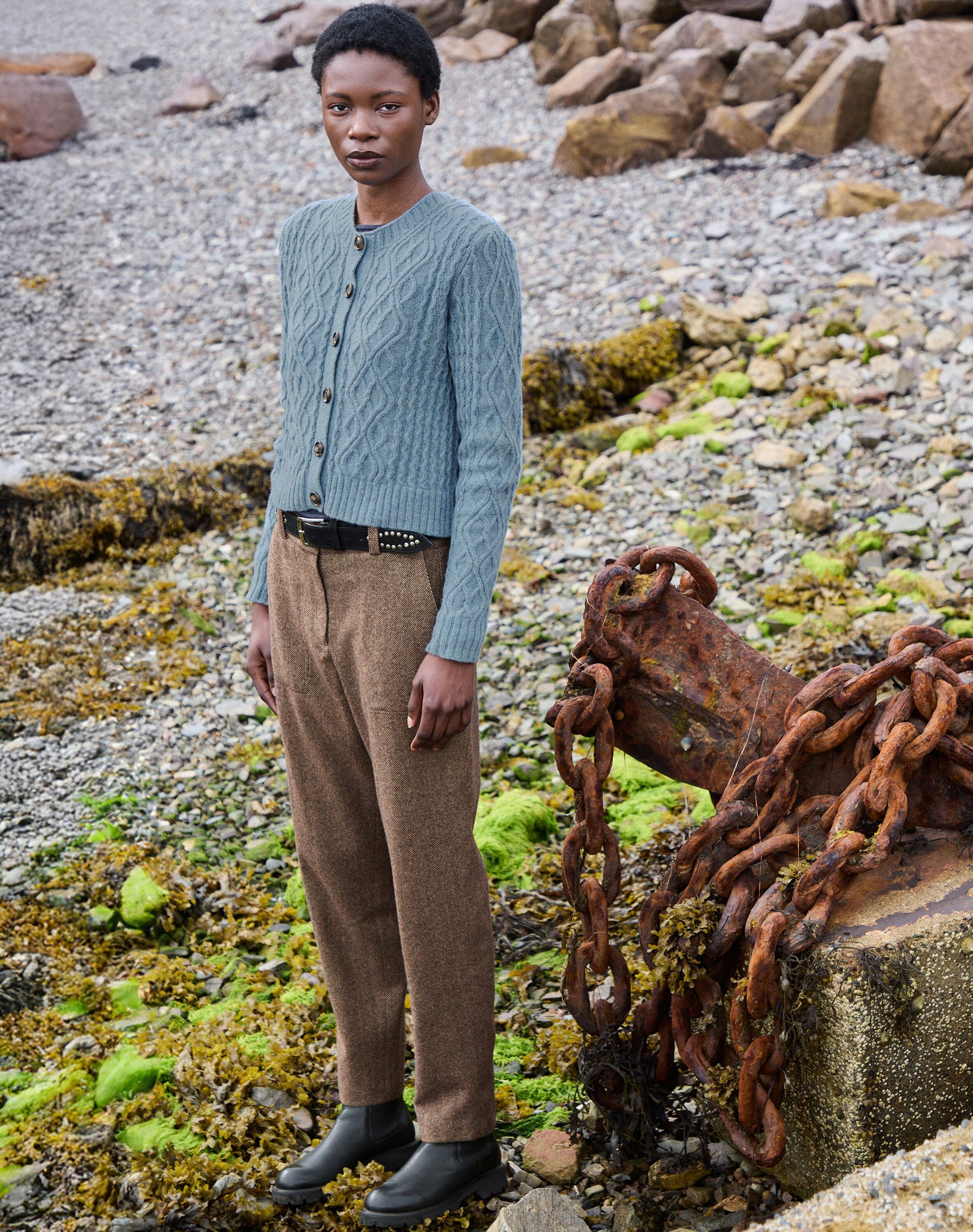 Herringbone Wool Tapered Leg Trousers