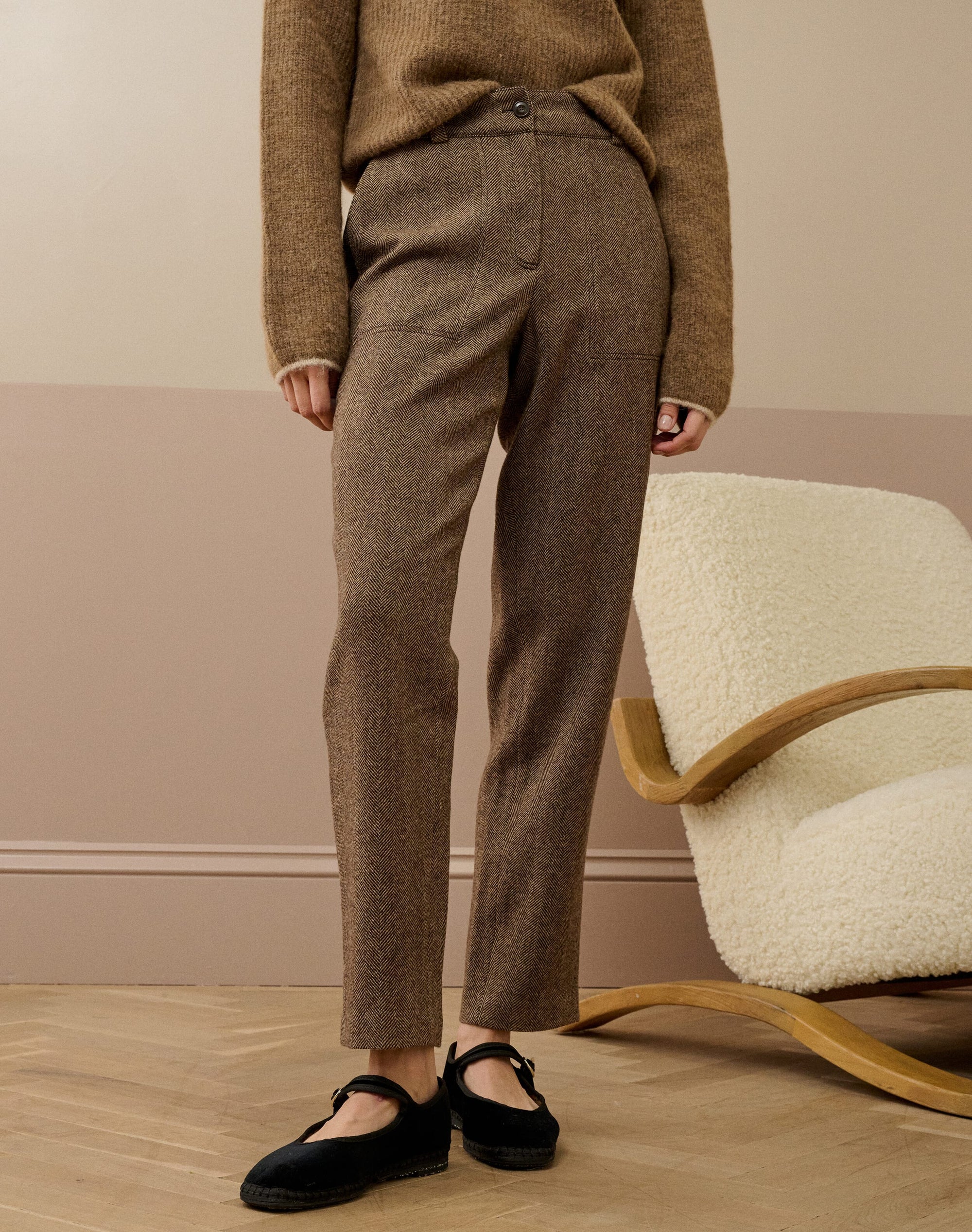 Herringbone Wool Tapered Leg Trousers