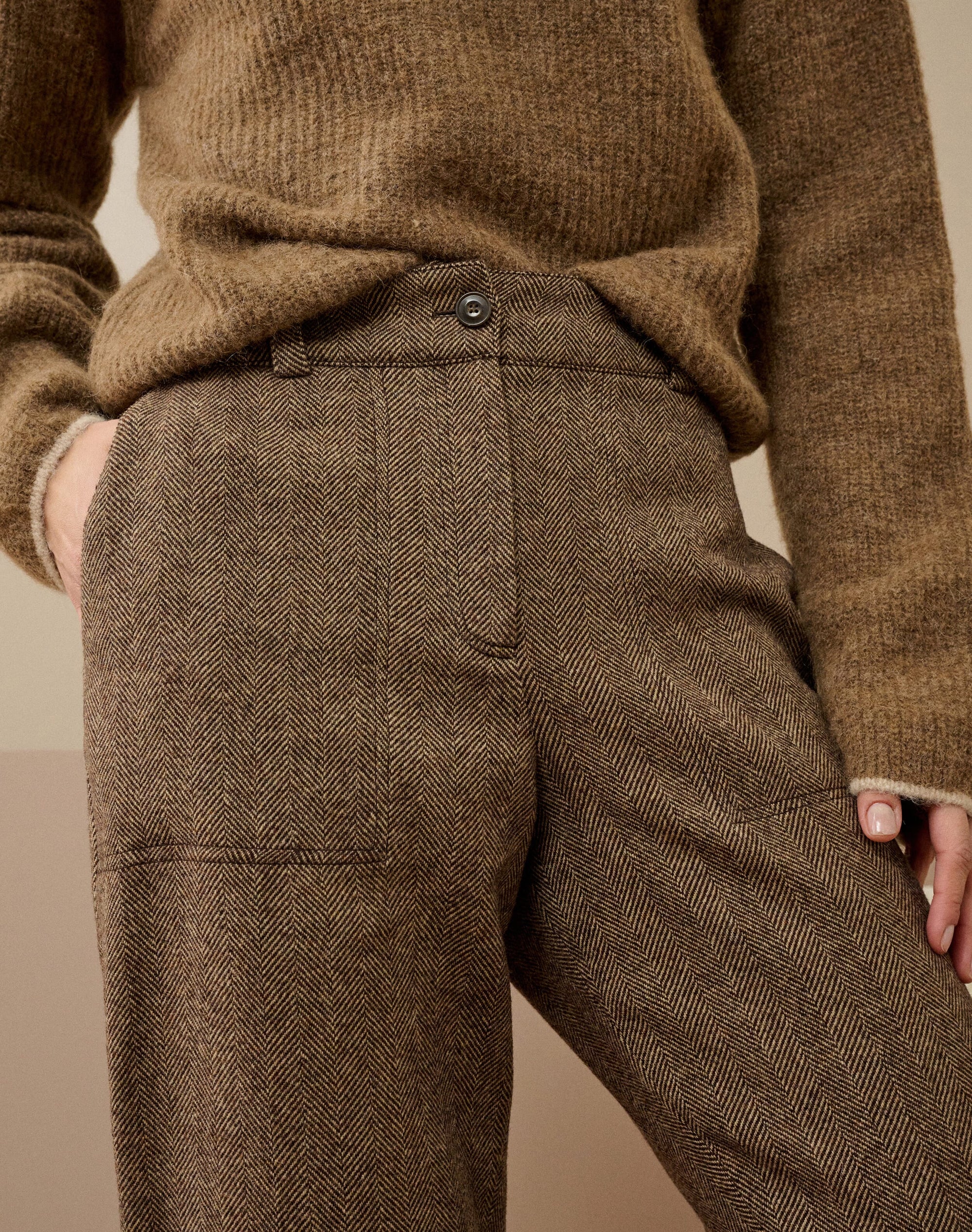 Herringbone Wool Tapered Leg Trousers