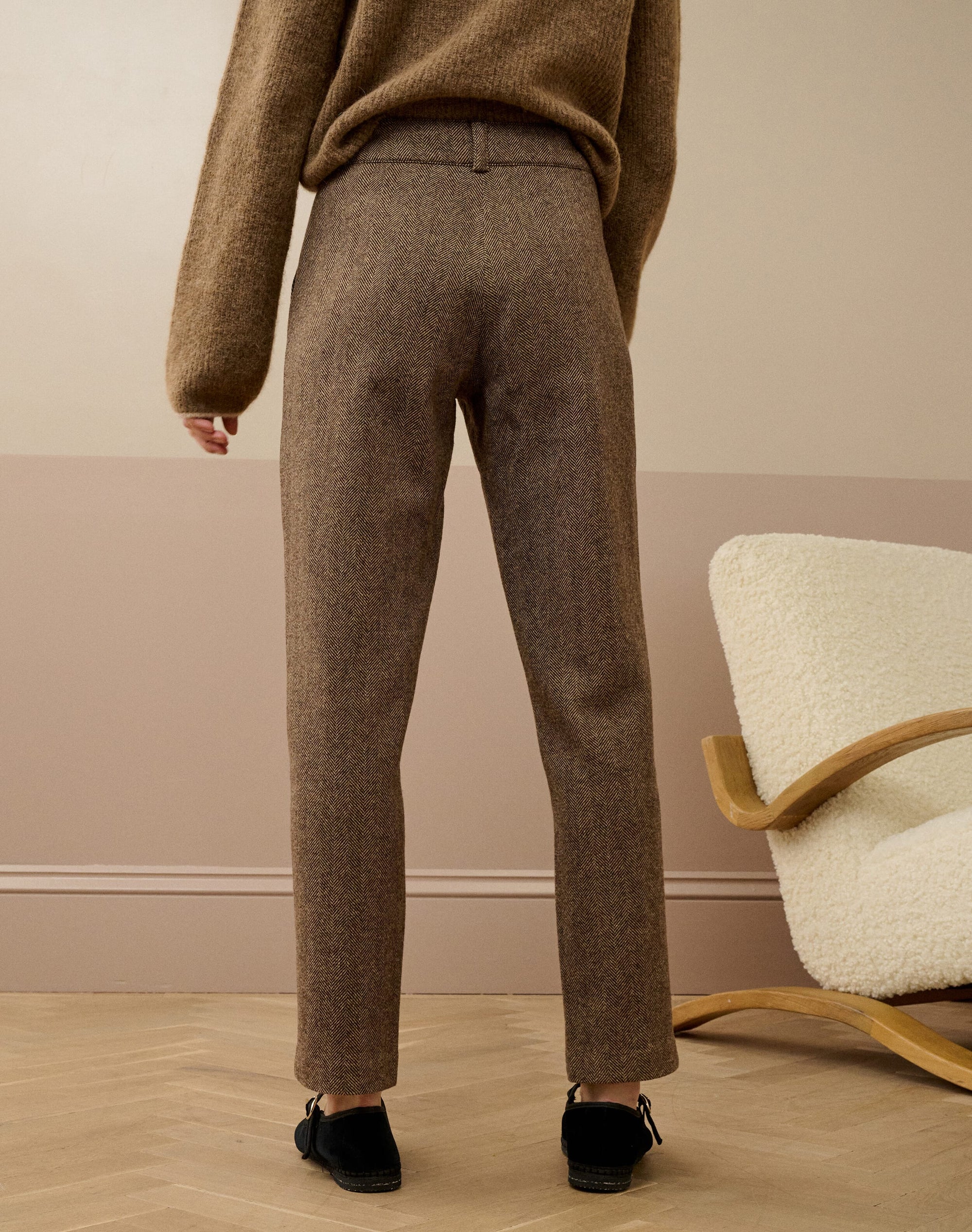 Herringbone Wool Tapered Leg Trousers
