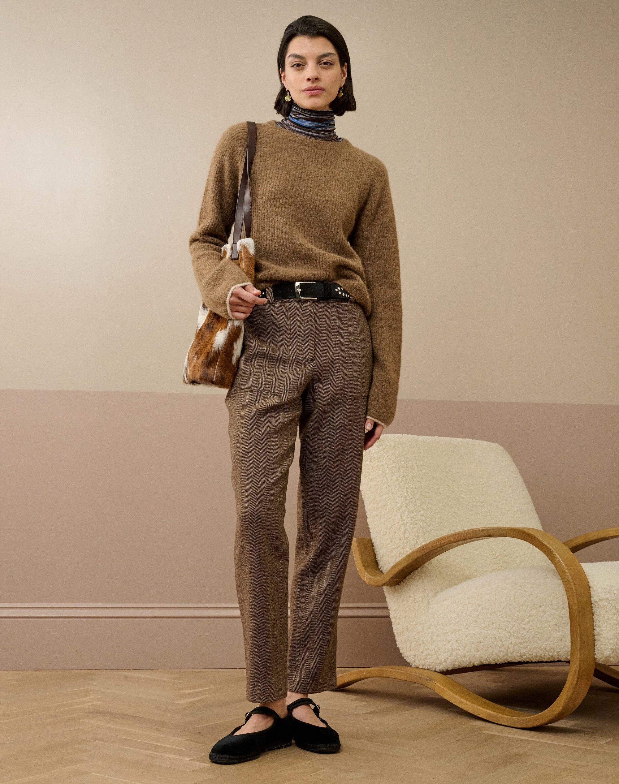 Herringbone Wool Tapered Leg Trousers