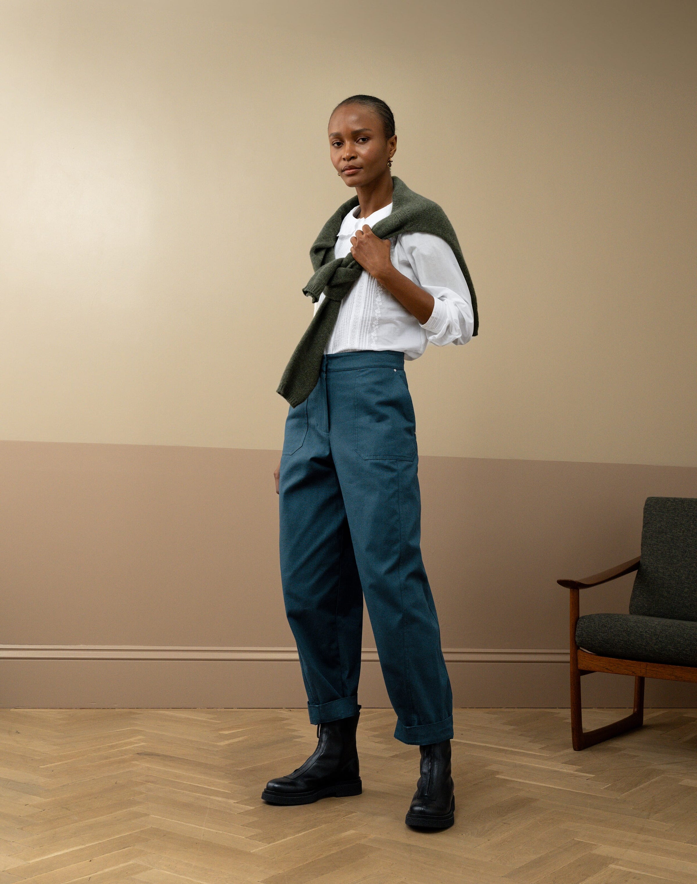 Cotton Canvas Barrel Leg Trousers