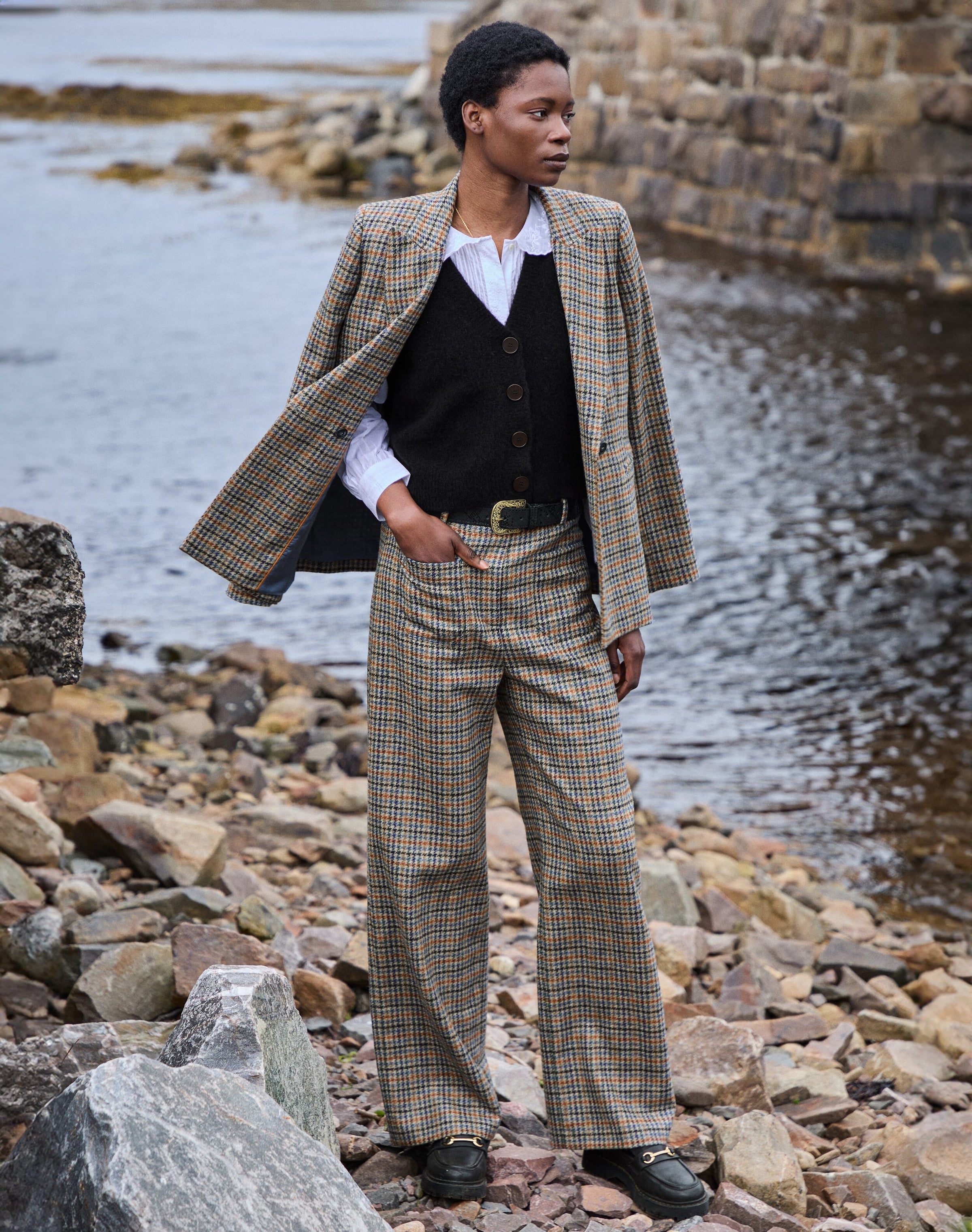 Check Wool Wide Leg Trousers