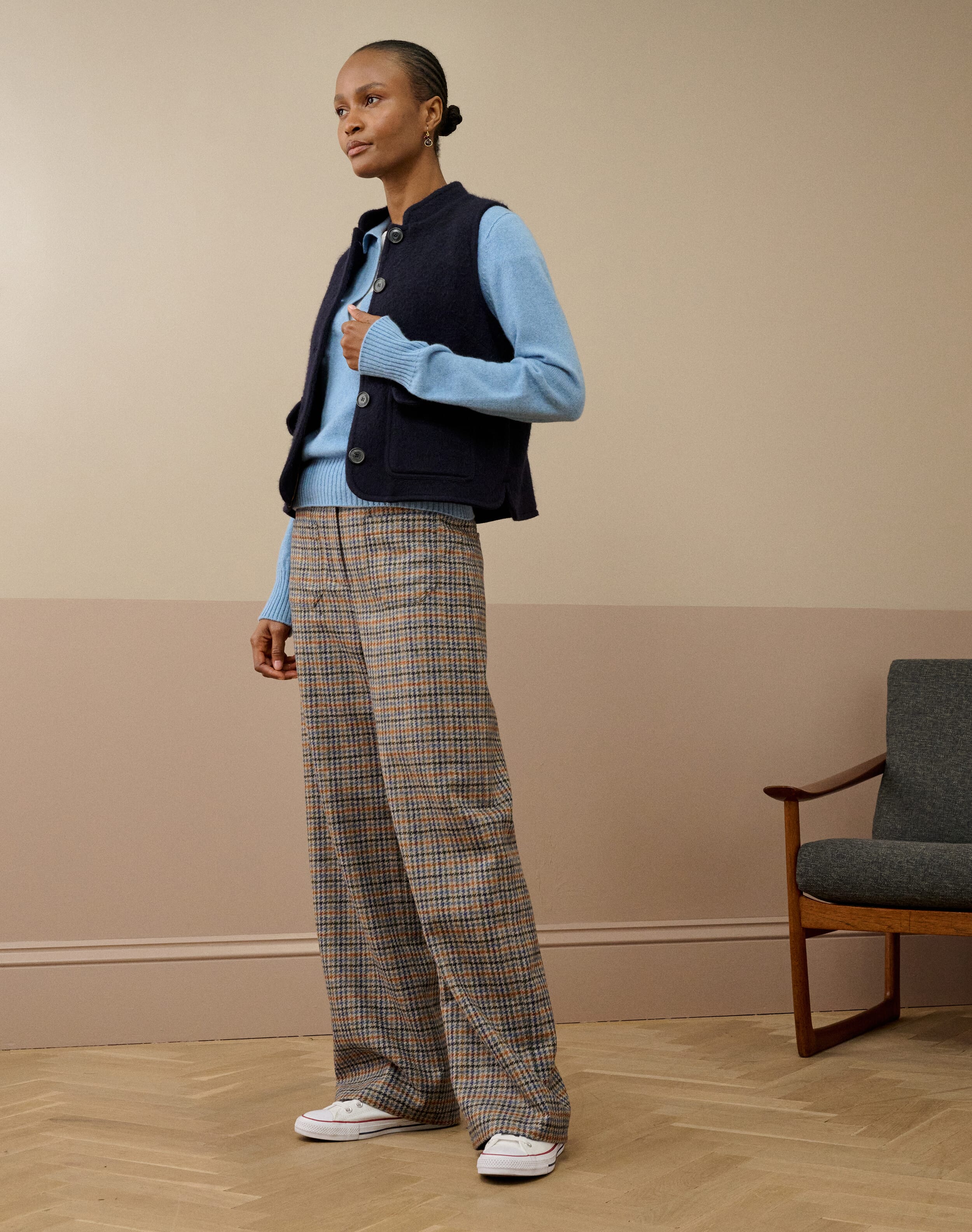Check Wool Wide Leg Trousers