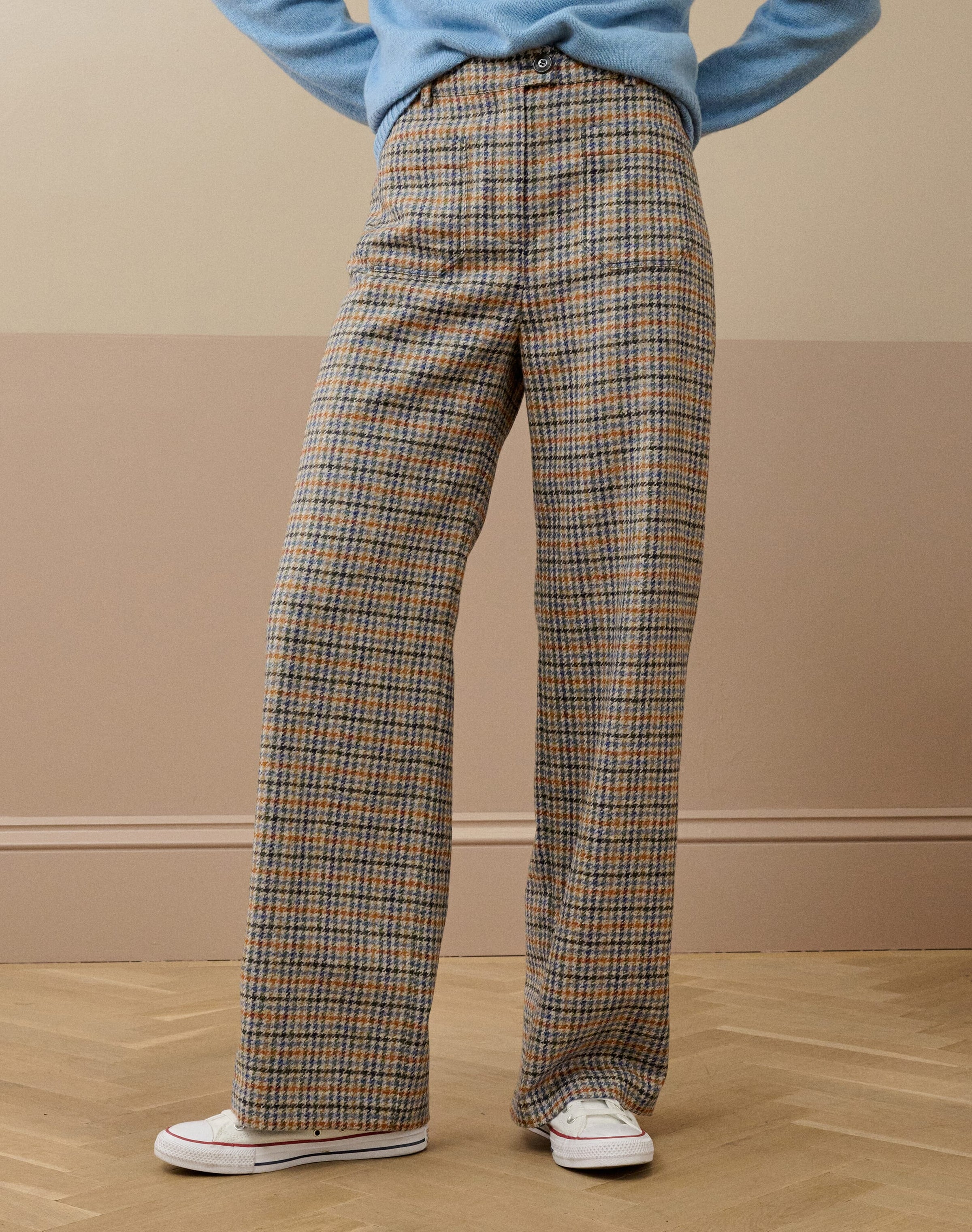 Check Wool Wide Leg Trousers
