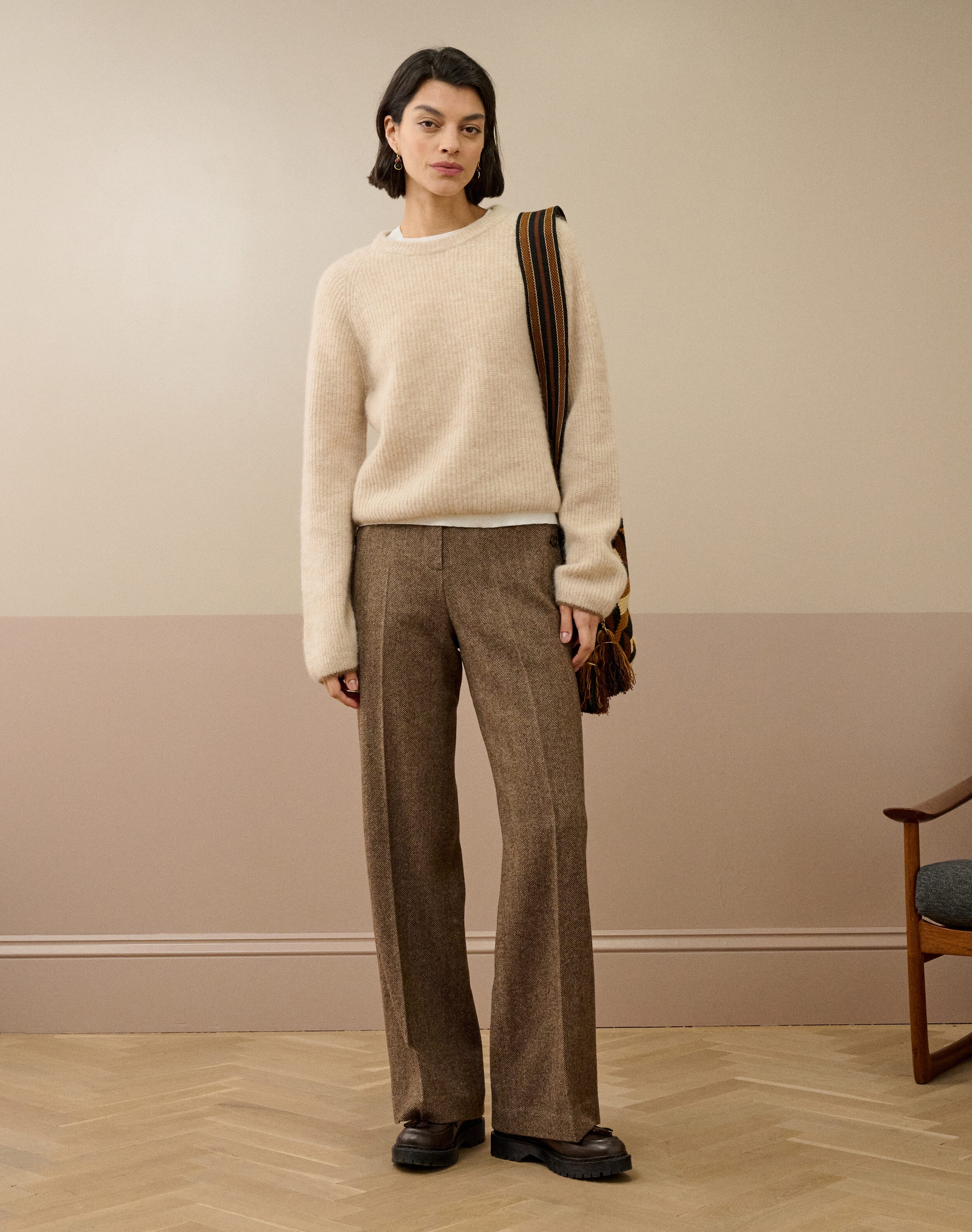 Herringbone Wool High Waisted Trousers