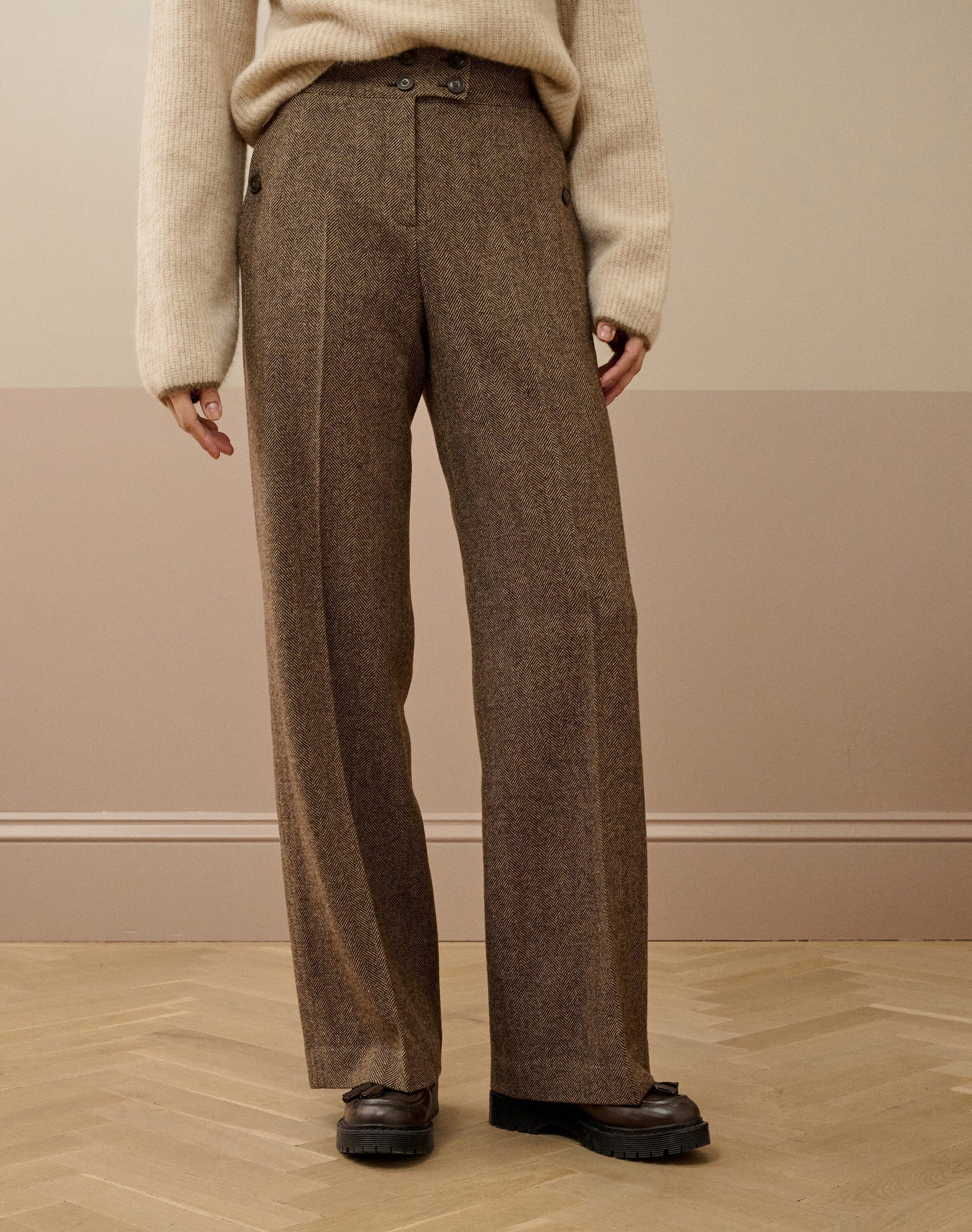 Herringbone Wool High Waisted Trousers