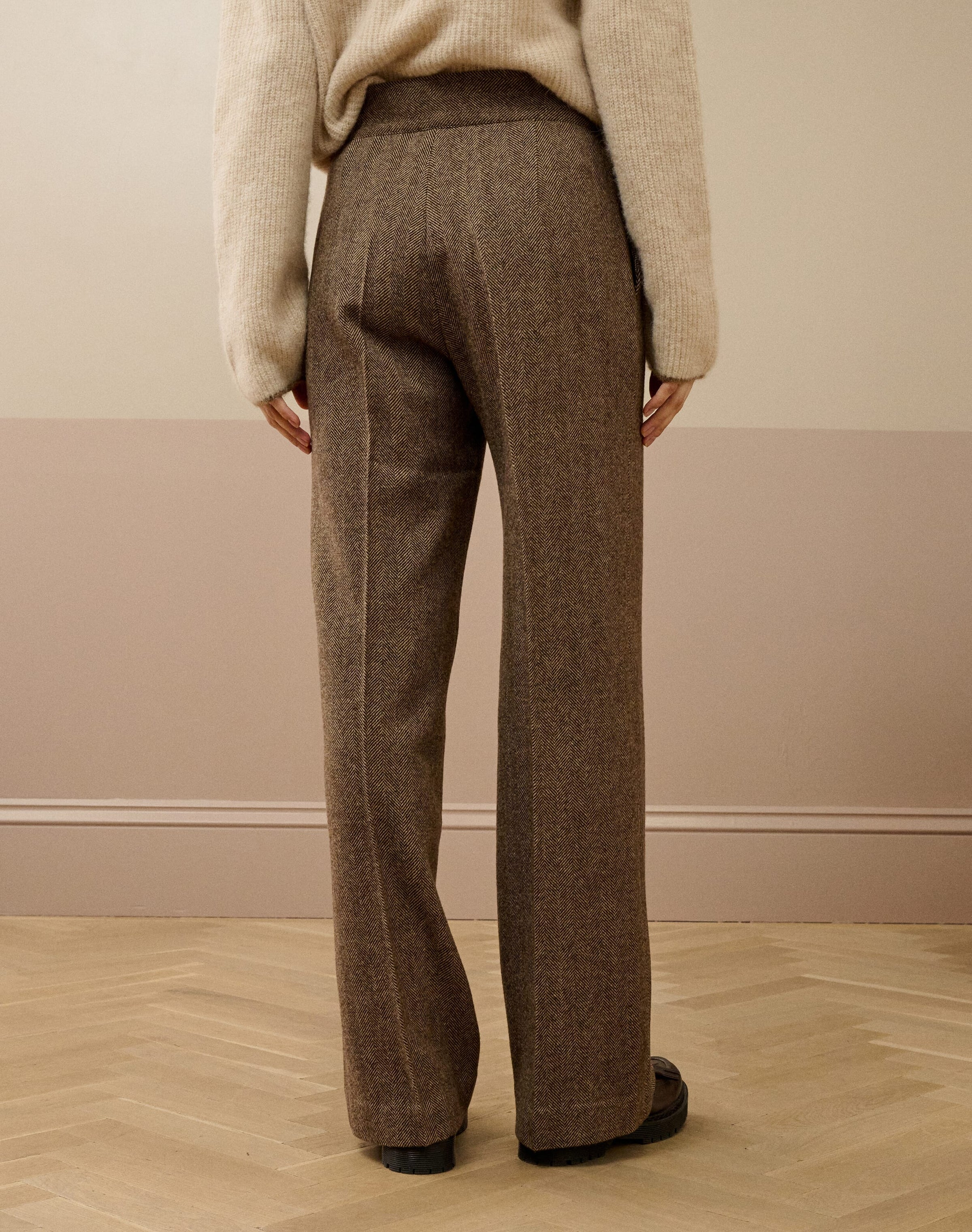 Herringbone Wool High Waisted Trousers