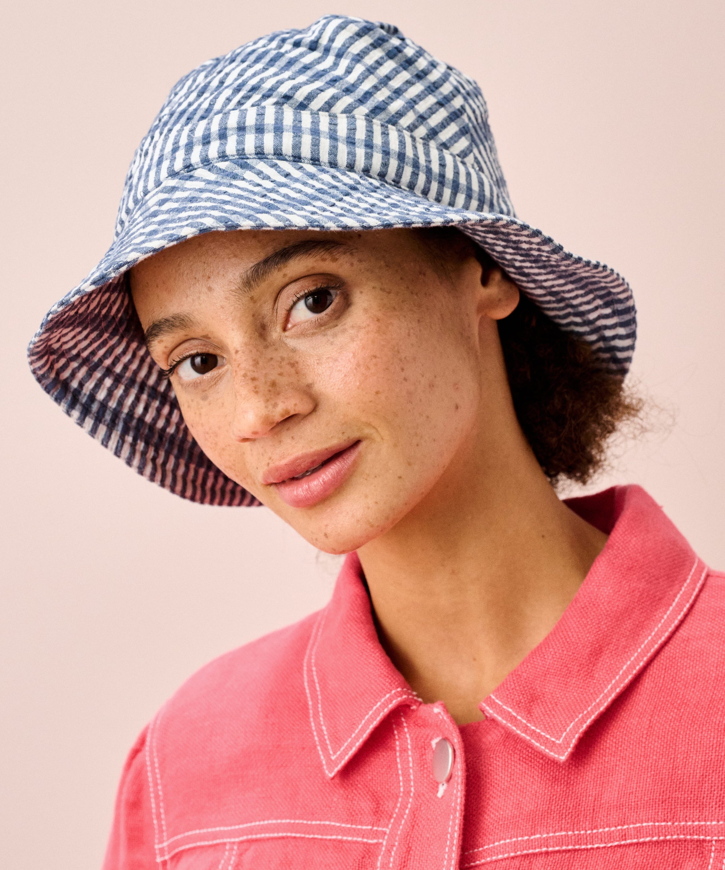 Cotton Seersucker Gingham Bucket Hat