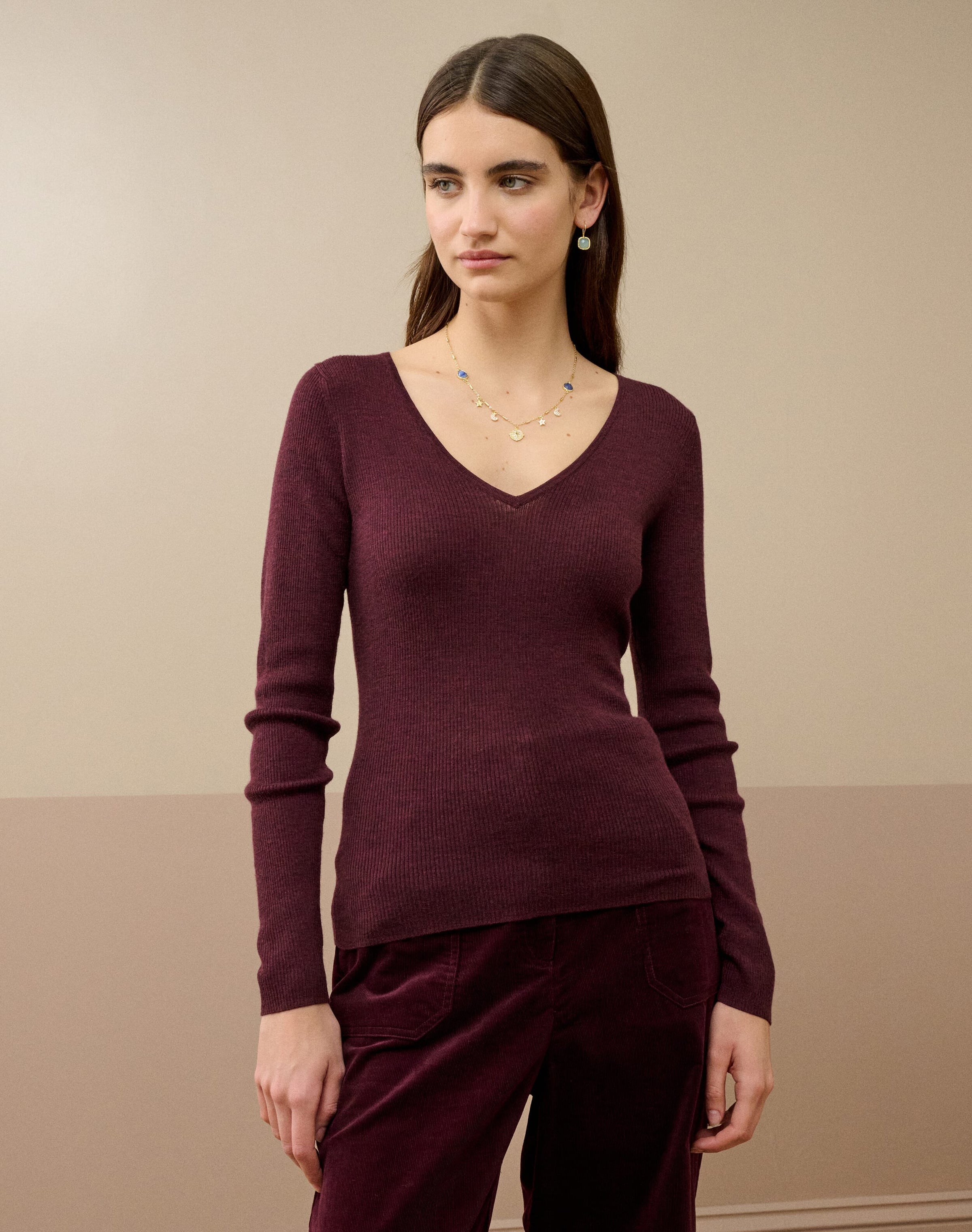 Merino Ribbed V Neck Jumper