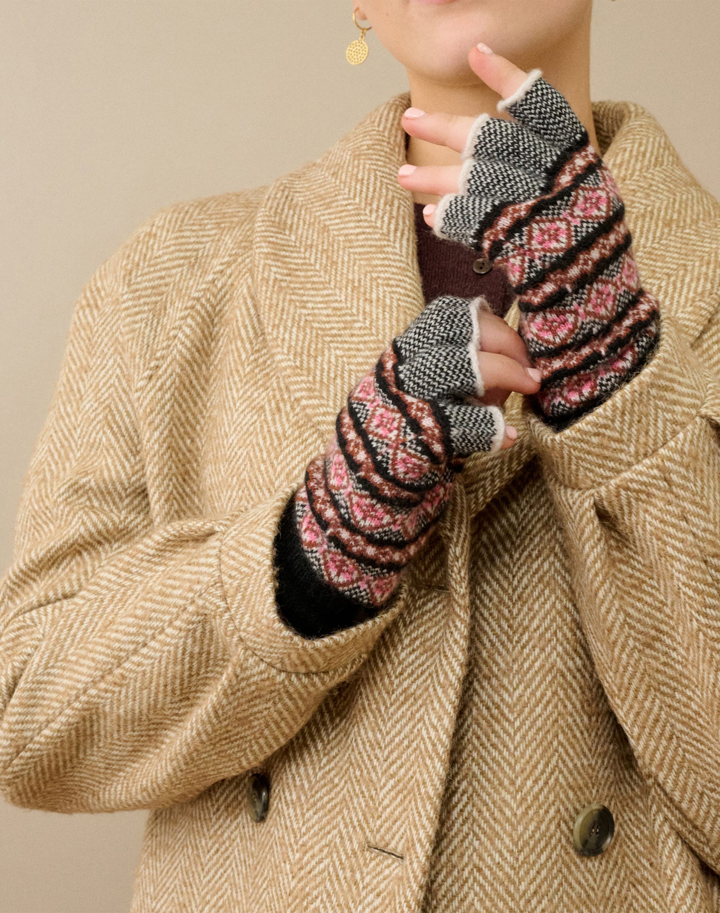 Women's Cashmere Folk Fingerless Gloves