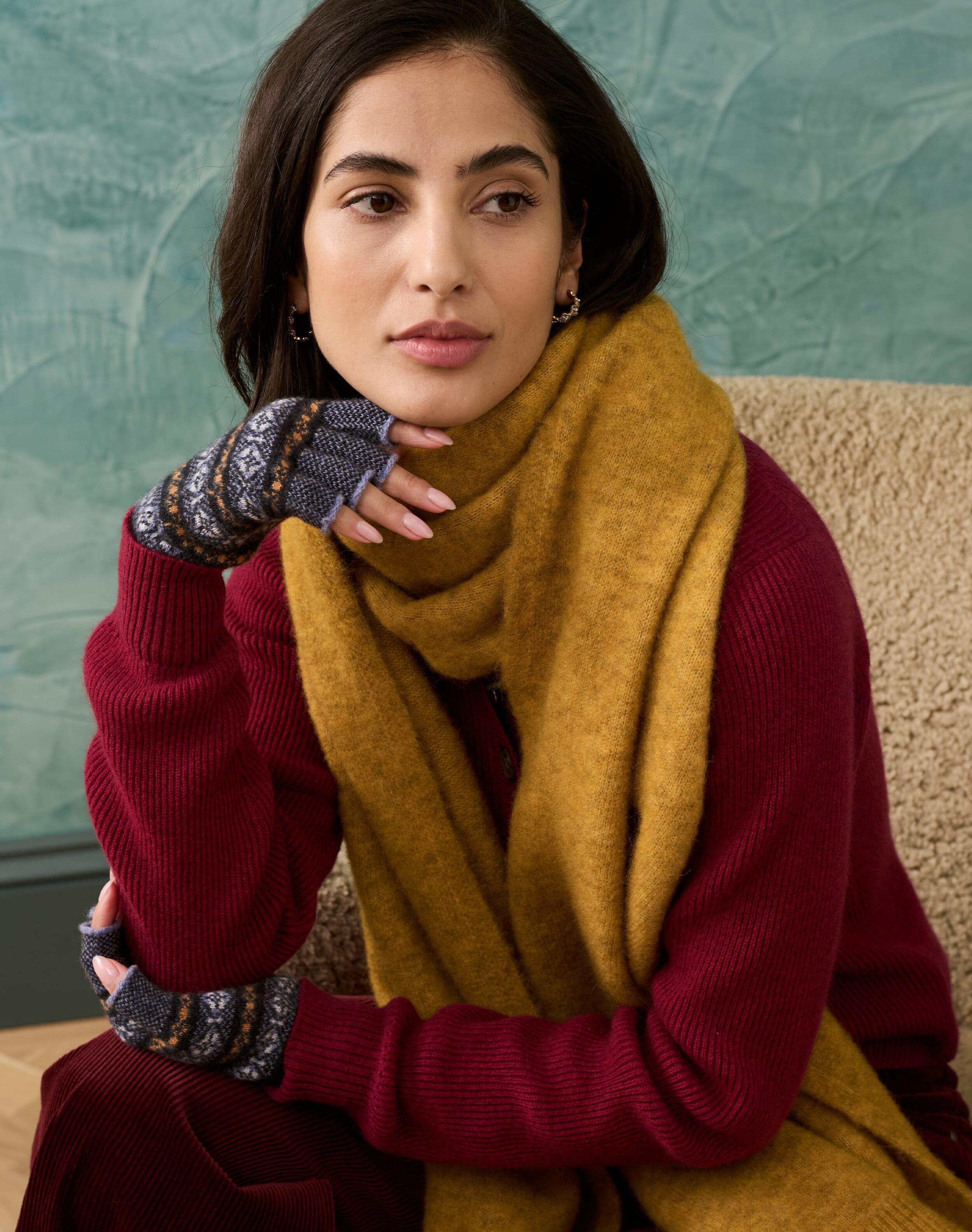 Women's Cashmere Folk Fingerless Gloves