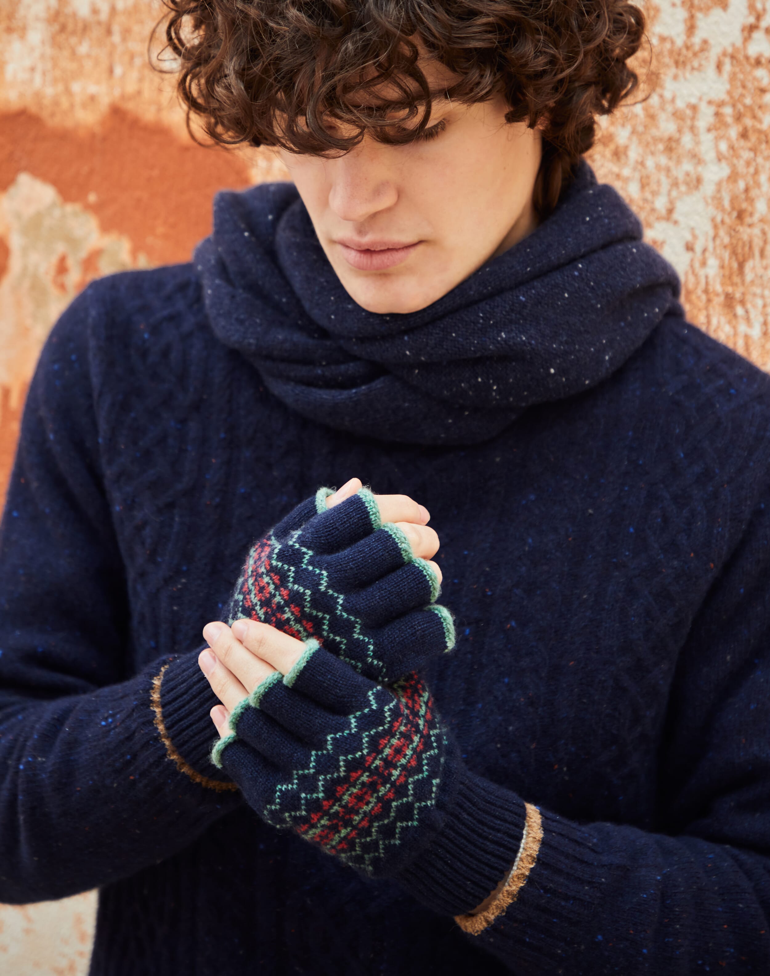 Men's Cashmere Folk Fingerless Gloves