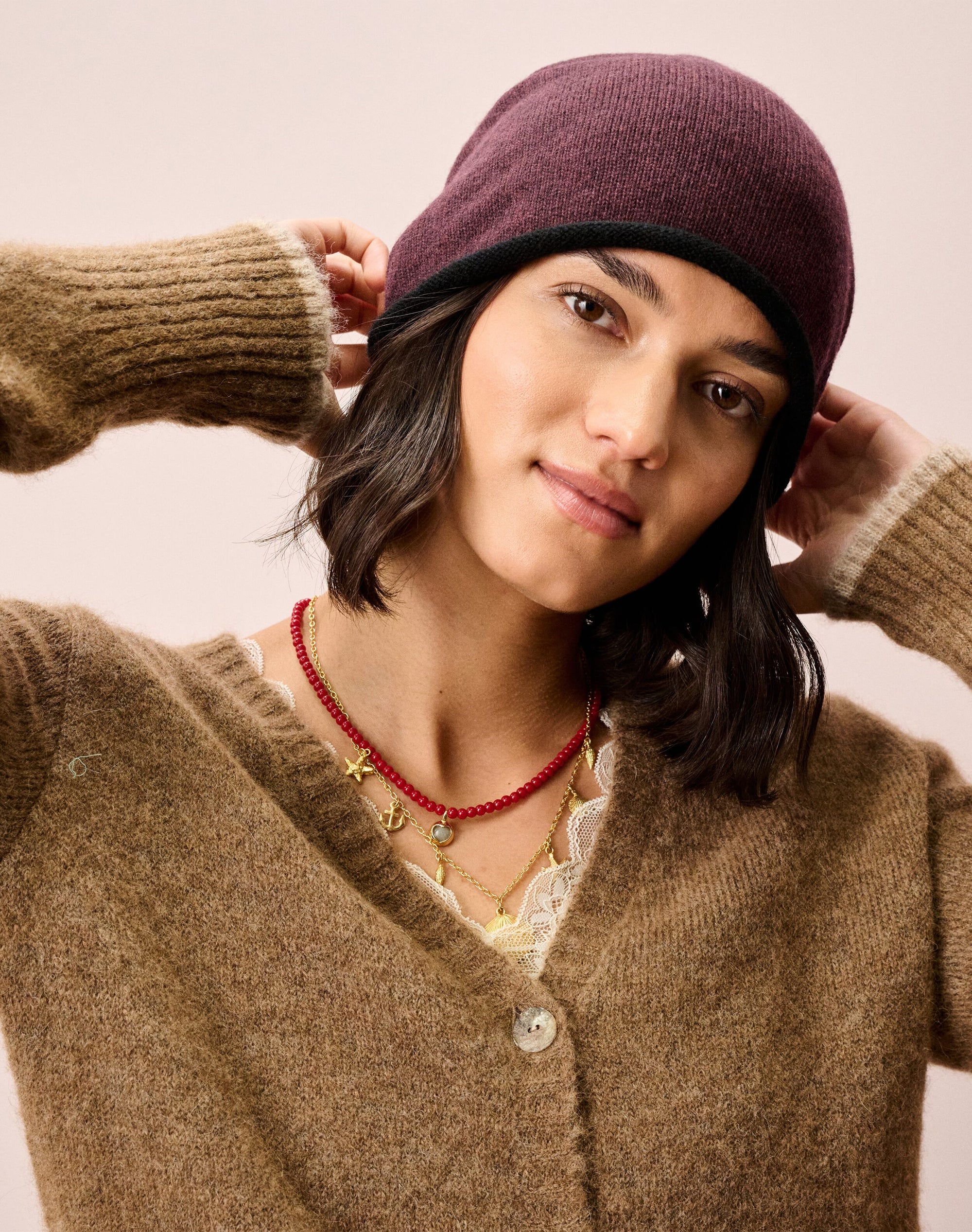 Cashmere Contrast Trim Slouchy Hat