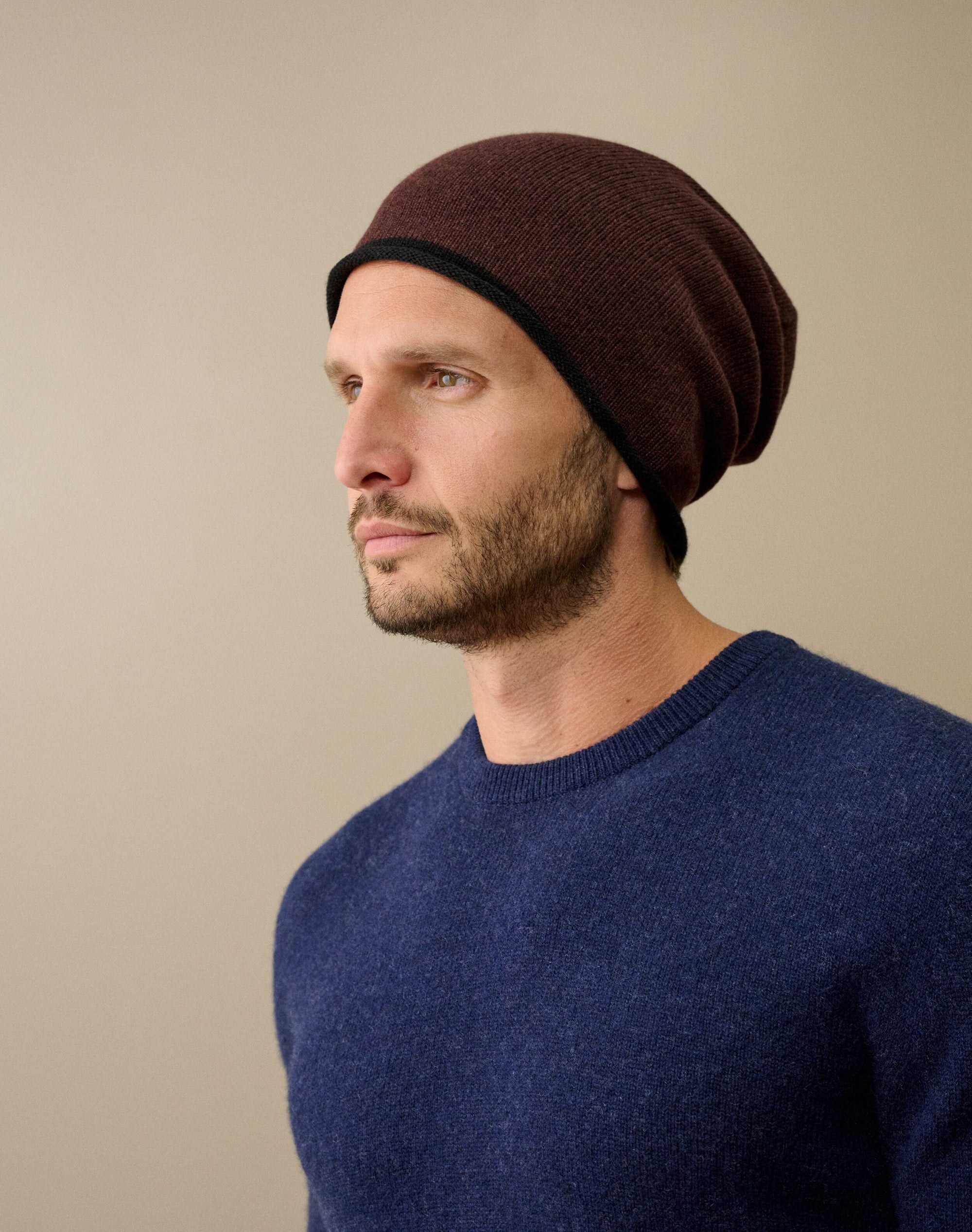 Cashmere Contrast Trim Slouchy Hat