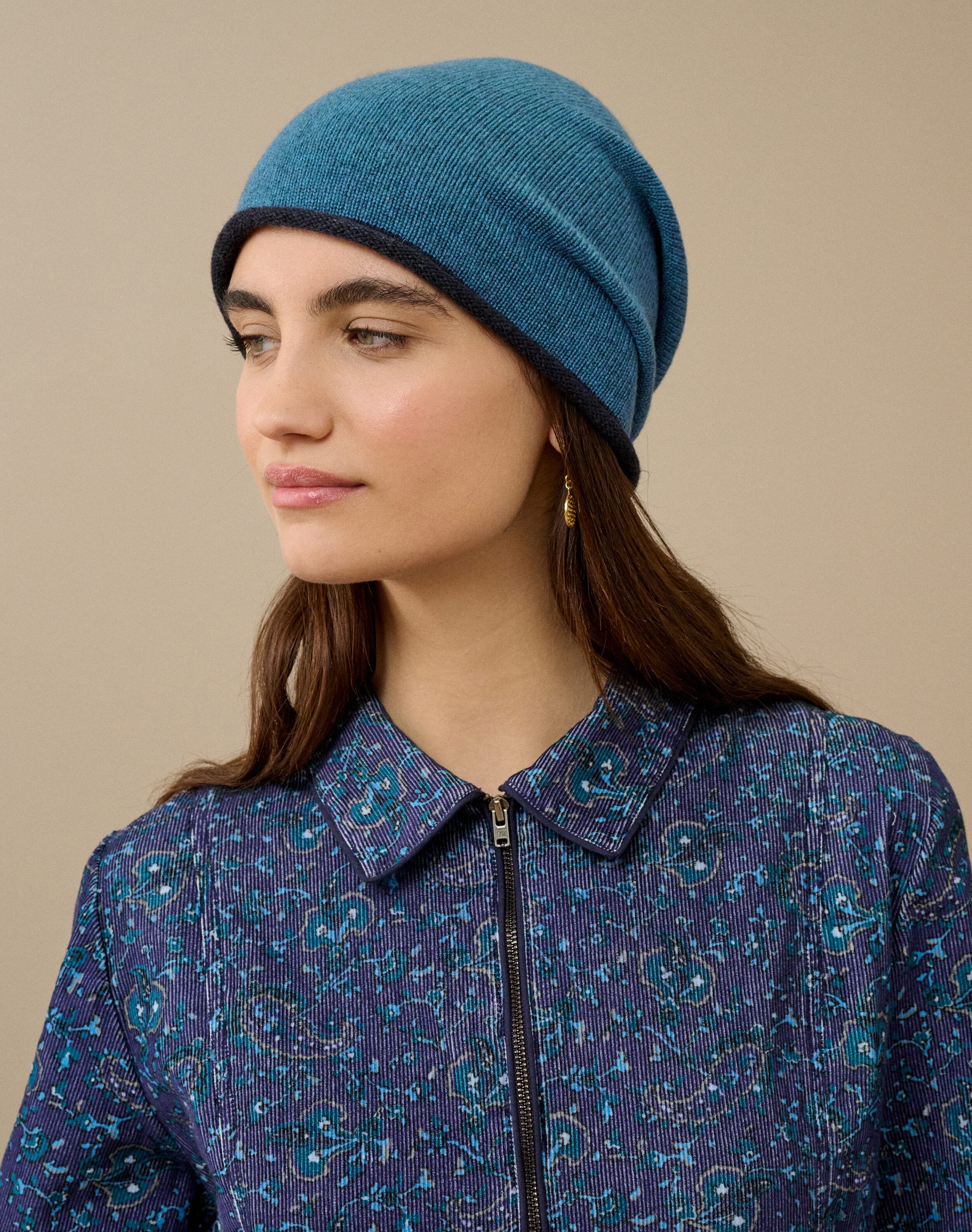 Cashmere Contrast Trim Slouchy Hat