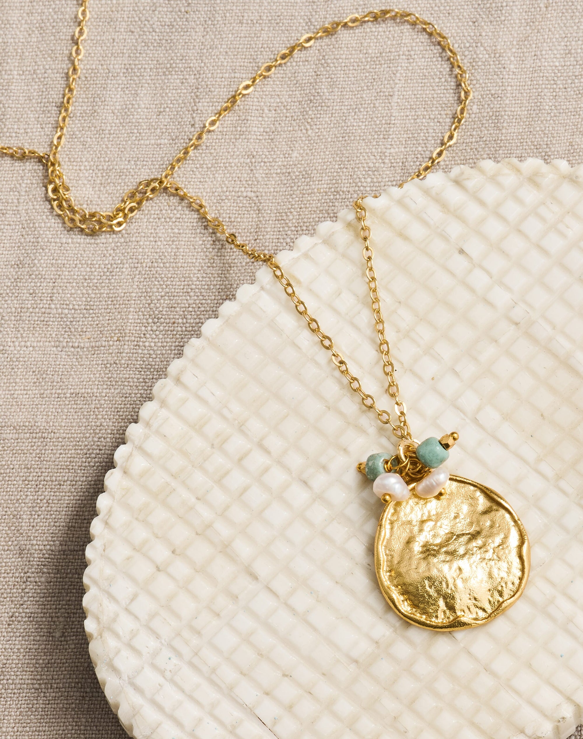 Gold Hammered Disc & Beads Necklace