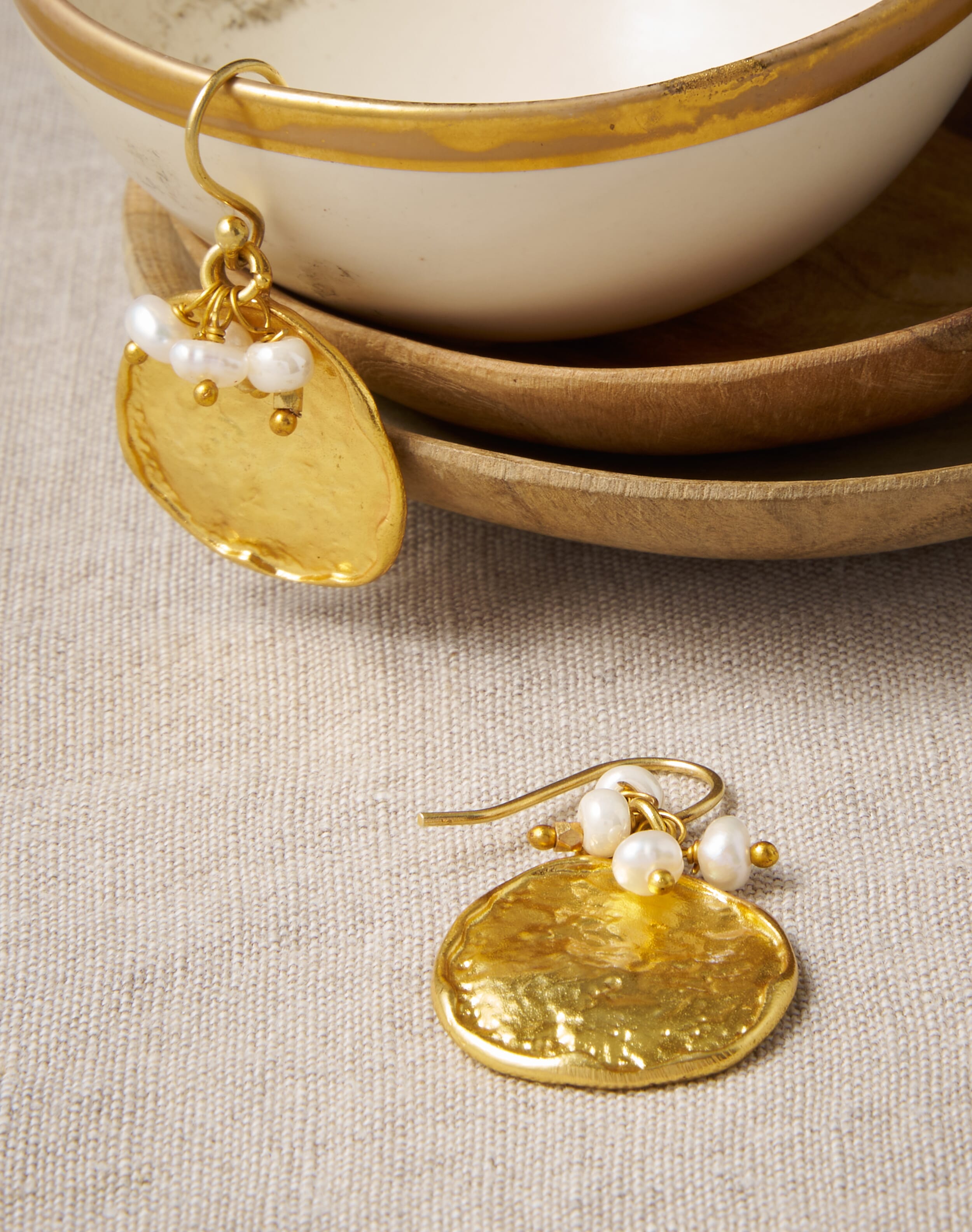 Gold Hammered Disc & Pearl Earrings