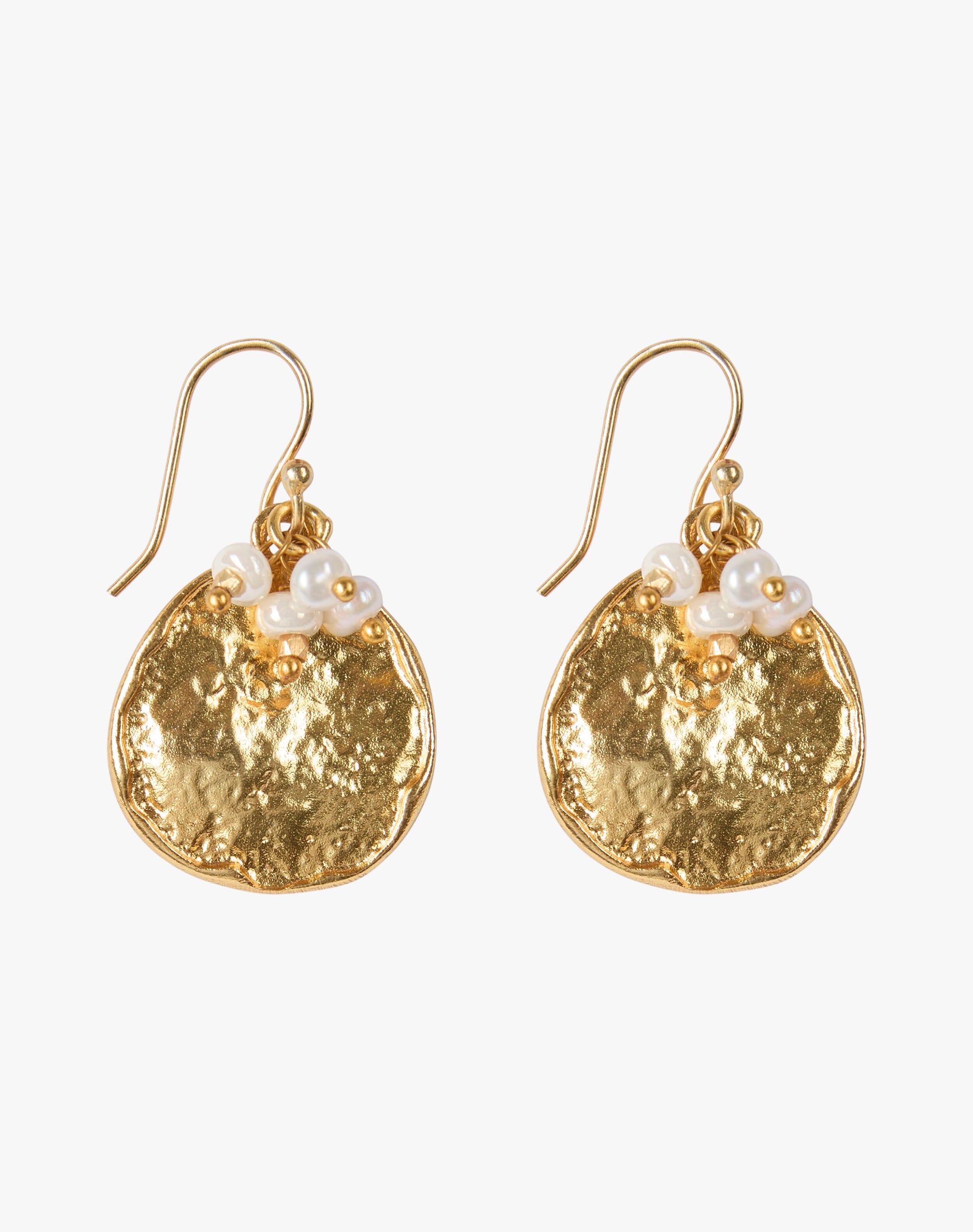 Gold Hammered Disc & Pearl Earrings