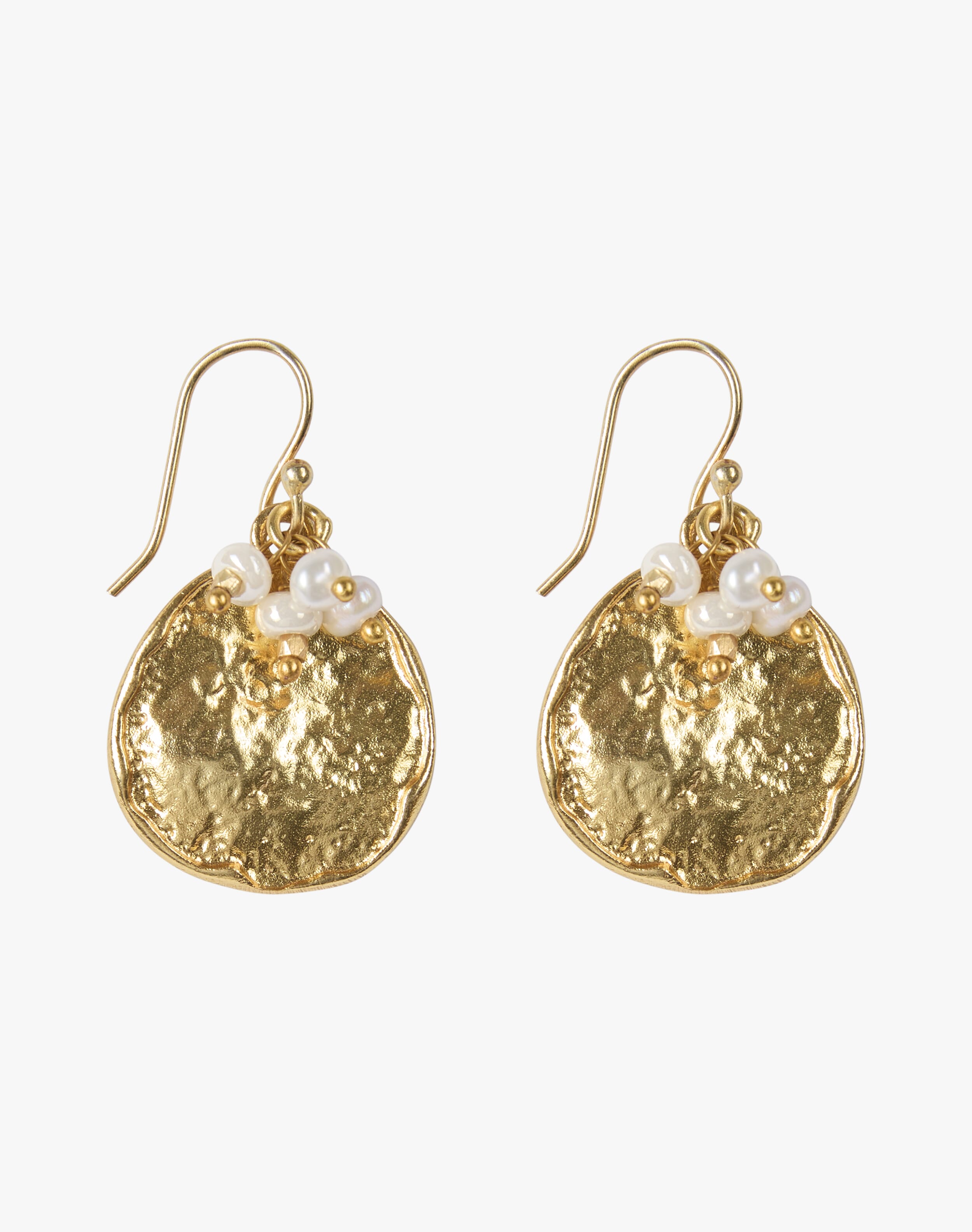 Gold Hammered Disc & Pearl Earrings