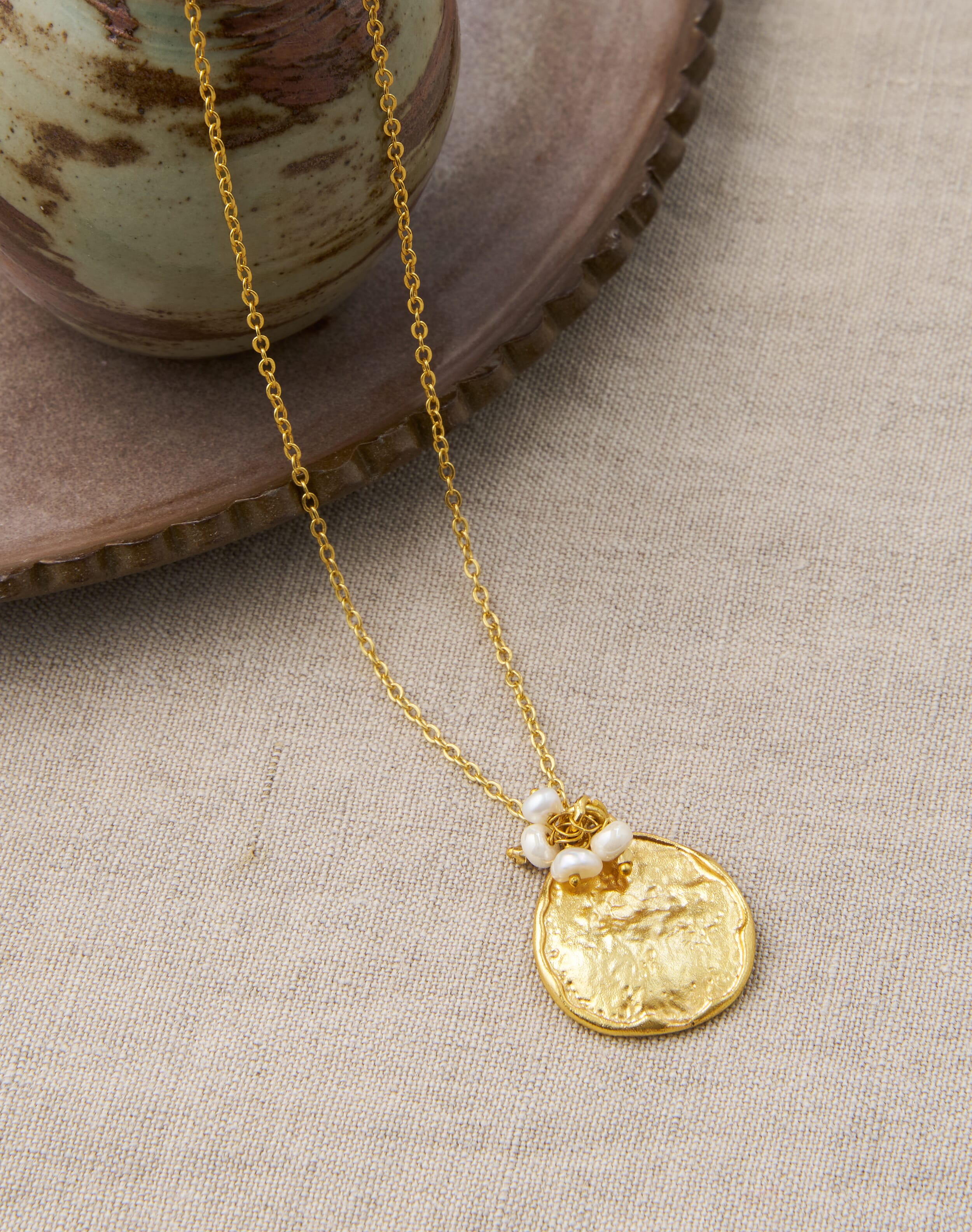 Gold Hammered Disc & Pearl Necklace