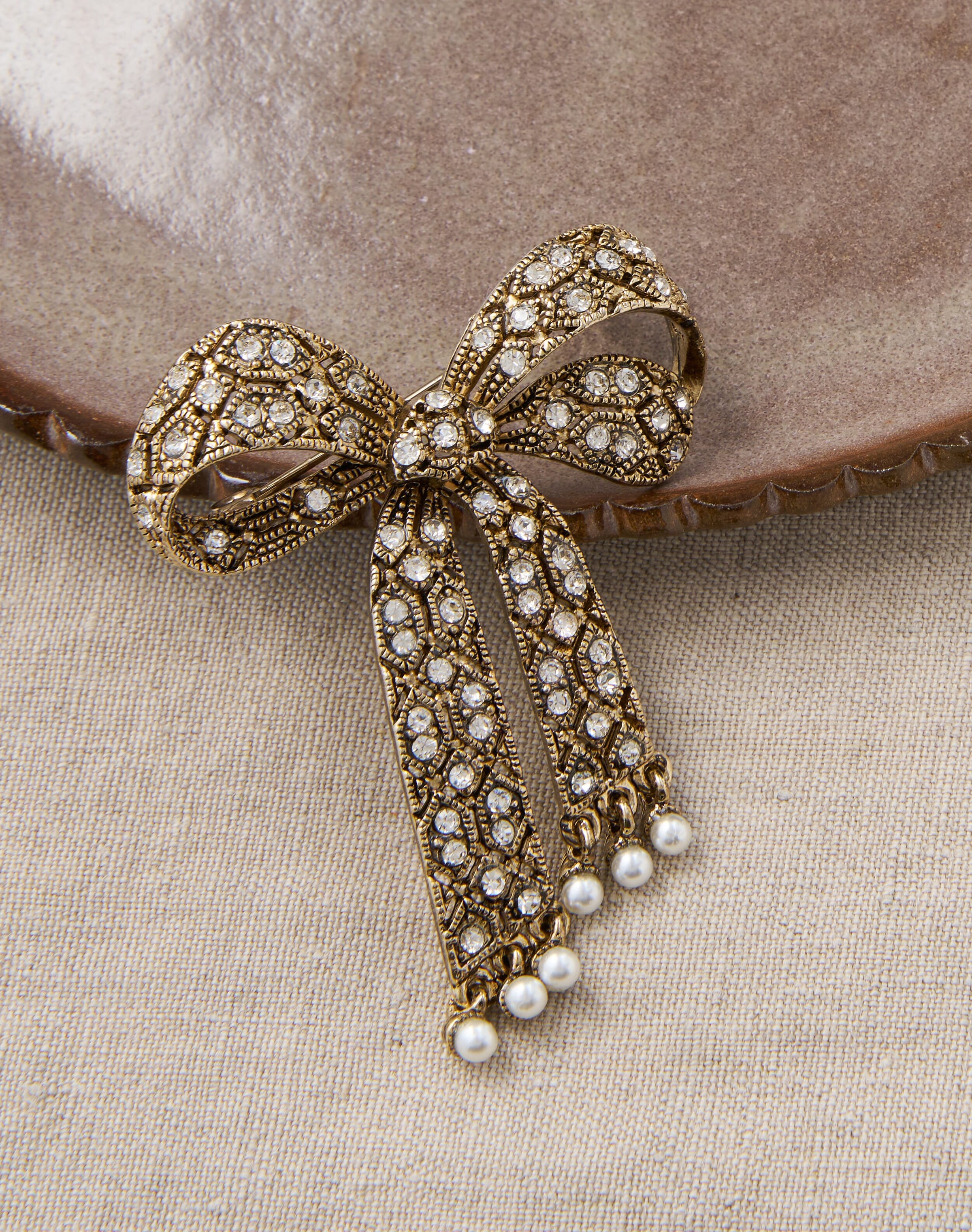 Crystal & Pearl Bow Brooch
