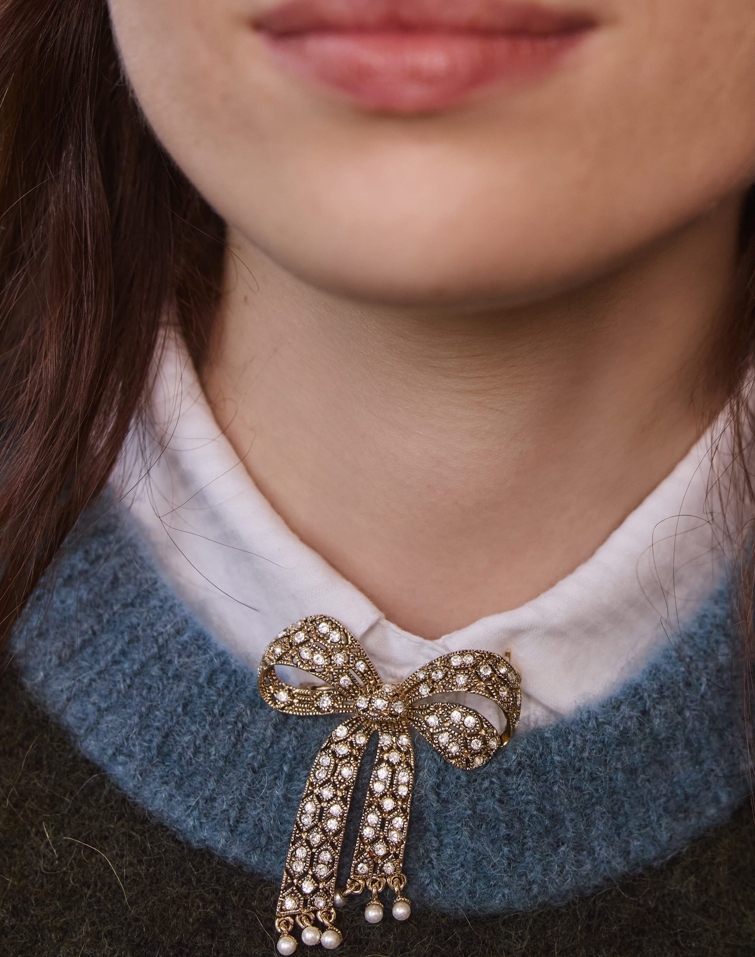 Crystal & Pearl Bow Brooch